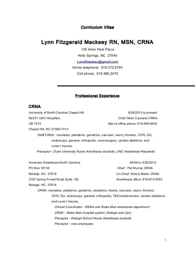 curriculum vitae lynn fitzgerald macksey crna crna cv examples