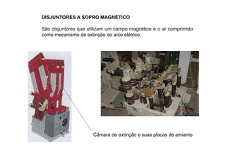 DISJUNTORES A SOPRO MAGNÉTICO
São disjuntores que utilizam um campo magnético e o ar comprimido
como mecanismo de extinção do arco elétrico.
Câmara de extinção e suas placas de amianto
 