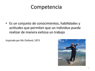 Competencia
• Es un conjunto de conocimientos, habilidades y
actitudes que permiten que un individuo pueda
realizar de man...
