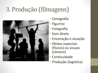 3. Produção (filmagens)
• Cenografia
• Figurino
• Fotografia
• Som direto
• Encenação e atuação
• Efeitos especiais
(físicos) ou visuais
(câmera)
• Continuidade
• Produção (logística)
 