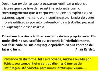 O homem é assim o árbitro constante de sua própria sorte. Ele
pode aliviar o seu suplício ou prolongá-lo indefinidamente.
Sua felicidade ou sua desgraça dependem da sua vontade de
fazer o bem. Allan Kardec.
Pensando desta forma, feliz e renovada, André é levado por
Tobias, seu companheiro de trabalho nas Câmeras de
Retificação, até Aniceto, para novas tarefas que viriam....
Deve ficar evidente que precisamos verificar o nível de
tristeza que nos invade, se está relacionada com o
constrangimento que o corpo estabelece ao Espírito ou se
estamos experimentando um sentimento oriundo de dores
morais edificadas por nós, cabendo-nos o trabalho pessoal
de superação dessa mazela.
 