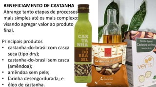 BENEFICIAMENTO DE CASTANHA
Abrange tanto etapas de processos
mais simples até os mais complexos,
visando agregar valor ao produto
final.
Principais produtos
• castanha-do-brasil com casca
seca (tipo dry);
• castanha-do-brasil sem casca
(amêndoa);
• amêndoa sem pele;
• farinha desengordurada; e
• óleo de castanha.
 