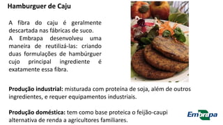 A fibra do caju é geralmente
descartada nas fábricas de suco.
A Embrapa desenvolveu uma
maneira de reutilizá-las: criando
duas formulações de hambúrguer
cujo principal ingrediente é
exatamente essa fibra.
Produção industrial: misturada com proteína de soja, além de outros
ingredientes, e requer equipamentos industriais.
Produção doméstica: tem como base proteica o feijão-caupi
alternativa de renda a agricultores familiares.
Hamburguer de Caju
 
