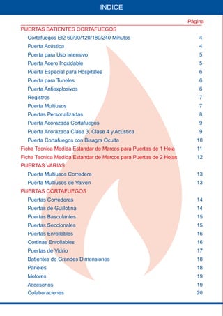 INDICE
PUERTAS BATIENTES CORTAFUEGOS
Cortafuegos EI2 60/90/120/180/240 Minutos
Puerta Multiusos Corredera
Puerta Multiusos de Vaiven
Puertas Correderas
Puertas Enrollables
Puertas Basculantes
Puertas de Vidrio
Motores
Puertas de Guillotina
Cortinas Enrollables
Paneles
Puertas Seccionales
Batientes de Grandes Dimensiones
Accesorios
Colaboraciones
Puerta Especial para Hospitales
Puertas Personalizadas
Puerta para Uso Intensivo
Puerta Antiexplosivos
Puerta Acorazada Clase 3, Clase 4 y Acústica
Ficha Tecnica Medida Estandar de Marcos para Puertas de 1 Hoja
Ficha Tecnica Medida Estandar de Marcos para Puertas de 2 Hojas
PUERTAS VARIAS
PUERTAS CORTAFUEGOS
Puerta Acústica
Puerta para Tuneles
Puerta Acorazada Cortafuegos
Puerta Acero Inoxidable
Puerta Multiusos
Registros
Puerta Cortafuegos con Bisagra Oculta
Página
11
12
13
15
14
16
18
19
13
15
17
14
16
18
19
20
5
7
4
6
8
9
5
7
4
6
6
9
10
 