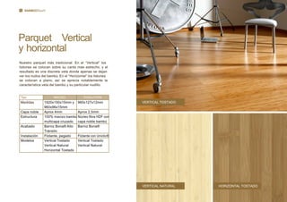 6
Nuestro parquet más tradicional. En el “Vertical” los
listones se colocan sobre su canto más estrecho, y el
resultado es una discreta veta donde apenas se dejan
ver los nudos del bambú. En el “Horizontal” los listones
se colocan a plano, así se aprecia notablemente la
característica veta del bambú y su particular nudillo.
Parquet Vertical
y horizontal
Tipo MACIZO EVOLUTION
Medidas 1920x150x15mm y
960x96x15mm
960x127x12mm
Capa noble Aprox 4mm Aprox 2,5mm
Estructura 100% macizo bambú
multicapa cruzado
Núcleo ﬁbra HDF con
capa noble bambú
Acabado Barniz Bona® Alto
Tránsito
Barniz Bona®
Instalación Flotante, pegado Flotante con Uniclic®
Modelos Vertical Tostado
Vertical Natural
Horizontal Tostado
Vertical Tostado
Vertical Natural
VERTICAL TOSTADO
VERTICAL NATURAL HORiZONTAL TOSTADO
 