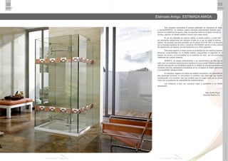 02 03
SPARTICSPARTIC
www.mamparaspartic.com
Nos complace presentarle el sistema patentado de mamparas de baño
y duchaSPARTIC, un novedoso sistema articulado especialmente diseñado para
resolver los problemas de espacio, dotar de seguridad adicional al espacio de baño o
ducha y aportar un diseño estético nunca visto hasta ahora.
El uso de materiales de máxima calidad, su diseño estético, y sobre todo
las importantes aplicaciones que adquiere el baño en el que se instala el sistema
Spartic, ha supuesto que sea premiado con el premio ALFA DE ORO a la innovación
por la Sociedad española de Vidrio y Cerámica (CEVISAMA), siendo el único sistema
de aislamiento de espacio de ducha/bañera con dicho galardón.
Pero para nosotros, el mejor premio es la satisfacción de nuestros usuarios.
Personas comprometidas con el diseño estético vanguardista, la seguridad en el
espacio de ducha y la funcionalidad en el mobiliario de baño, son los principales
valedores de nuestro sistema.
SPARTIC se adapta perfectamente a las características de todo tipo de
baño, pero nos sentimos especialmente orgullosos de que nuestro sistema pueda ser
utilizado para aportar una verdadera mejora en la calidad de vida para personas con
movilidad reducida, participando activamente en los conceptos de diseño para todos
y accesibilidad desapercibida.
En deﬁnitiva, hogares con baños de estética innovadora o de necesidad de
alta capacidad funcional, no encontraran un producto más adecuado que Spartic,
constituyendo una inversión más que rentable para su hogar, tanto por su precio
como por la ausencia de necesidad de mantenimiento.
Les invitamos a que nos conozcan mejor y quedamos a su entera
disposición.
Atte. Emilio Ruso
Gerente Alselux S.L.
Estimado Amigo, ESTIMADA AMIGA
 