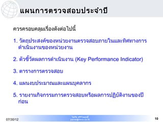 แผนการตรวจสอบประจำา ปี

    ควรครอบคลุมเรื่องดังต่อไปนี้

    1. วัตถุประสงค์ของหน่วยงานตรวจสอบภายในและทิศทางการ
      ดำาเนินงานของหน่วยงาน

    2. ตัวชี้วัดผลการดำาเนินงาน (Key Performance Indicator)

    3. ตารางการตรวจสอบ

    4. แผนงบประมาณและแผนบุคลากร

    5. รายงานกิจกรรมการตรวจสอบหรือผลการปฏิบัติงานของปี
      ก่อน

                              ไพรัช ศรีว ไ ลฤทธิ์
                                         ิ
07/30/12                     pairat@tisco.co.th               10
 