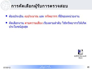 การคัด เลือ กผู้ร ับ การตรวจสอบ

     ต้องประเมิน งบประมาณ และ ทรัพยากร ทีมีของหน่วยงาน
                                          ่

     คัดเลือกงาน ตามความเสี่ยง เรียงตามลำาดับ ใช้ทรัพยากรให้เกิด
      ประโยชน์สูงสุด




                                                       àÍ¡ÊÒÃ Microsoft
                                                            Word




                              ไพรัช ศรีว ไ ลฤทธิ์
                                         ิ
07/30/12                     pairat@tisco.co.th                           23
 