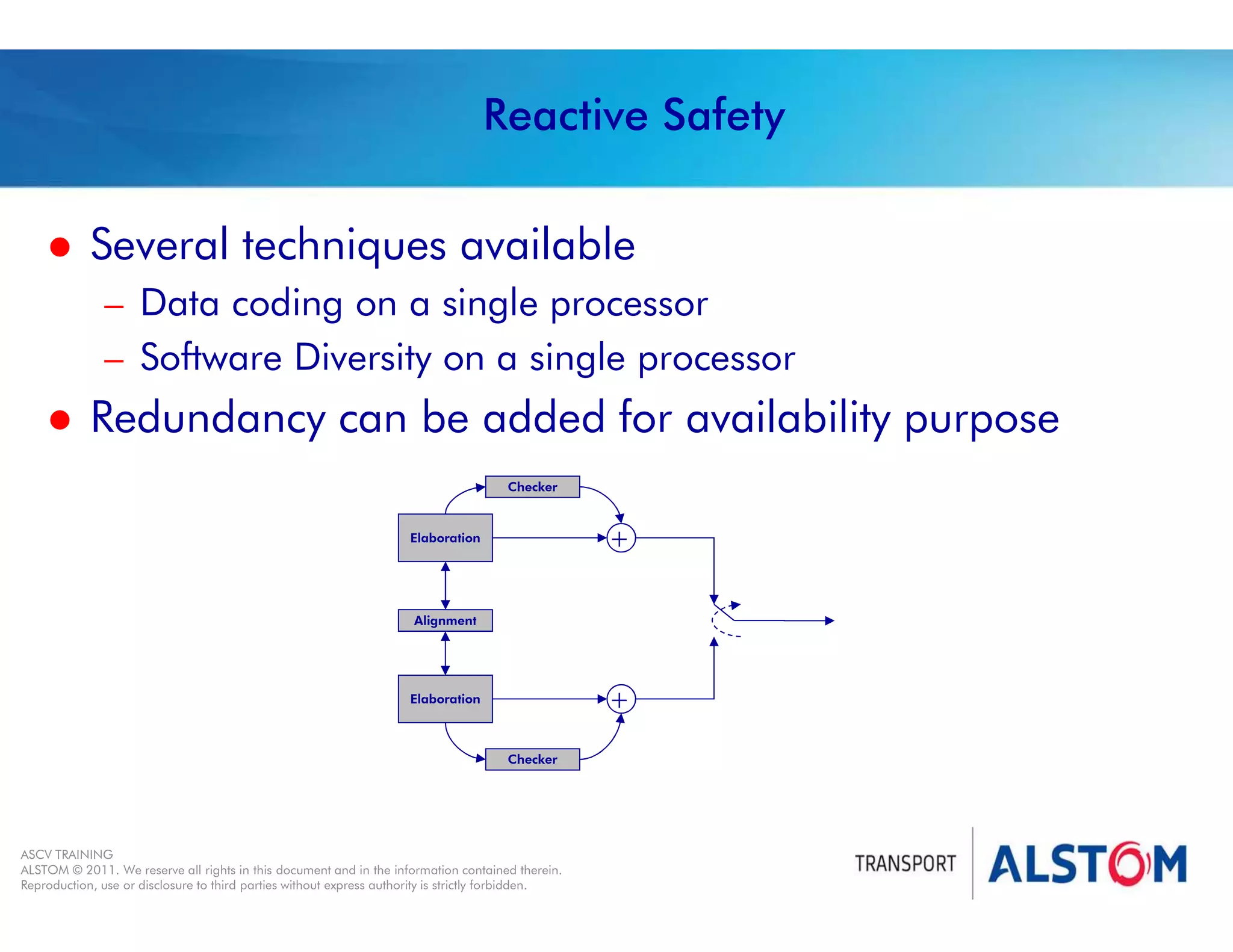 
Year 2011 - page 21
02 System Signalling Overview Contract BS01
ASCV TRAINING
ALSTOM © 2011. We reserve all rights in this document and in the information contained therein.
Reproduction, use or disclosure to third parties without express authority is strictly forbidden.
Reactive Safety
 Several techniques available
– Data coding on a single processor
– Software Diversity on a single processor
 Redundancy can be added for availability purpose
Alignment
Elaboration
Checker
Elaboration
Checker
+
+
 
