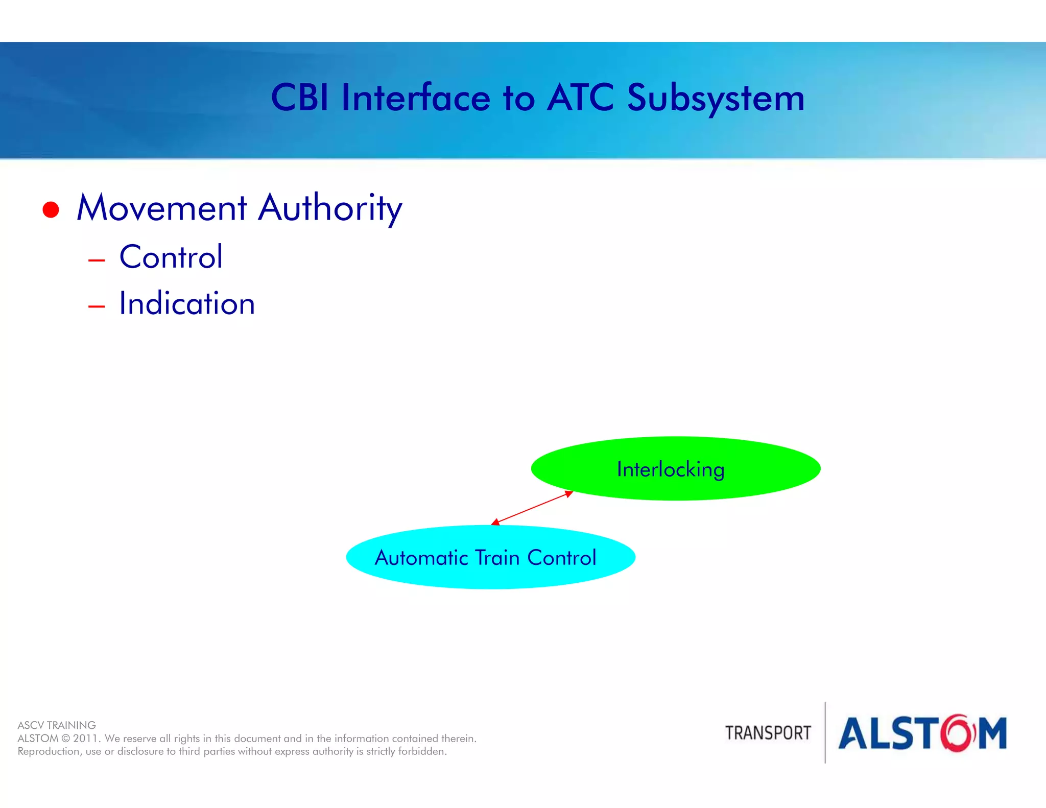 
Year 2011 - page 26
02 System Signalling Overview Contract BS01
ASCV TRAINING
ALSTOM © 2011. We reserve all rights in this document and in the information contained therein.
Reproduction, use or disclosure to third parties without express authority is strictly forbidden.
CBI Interface to ATC Subsystem
 Movement Authority
– Control
– Indication
Interlocking
Automatic Train Control
 