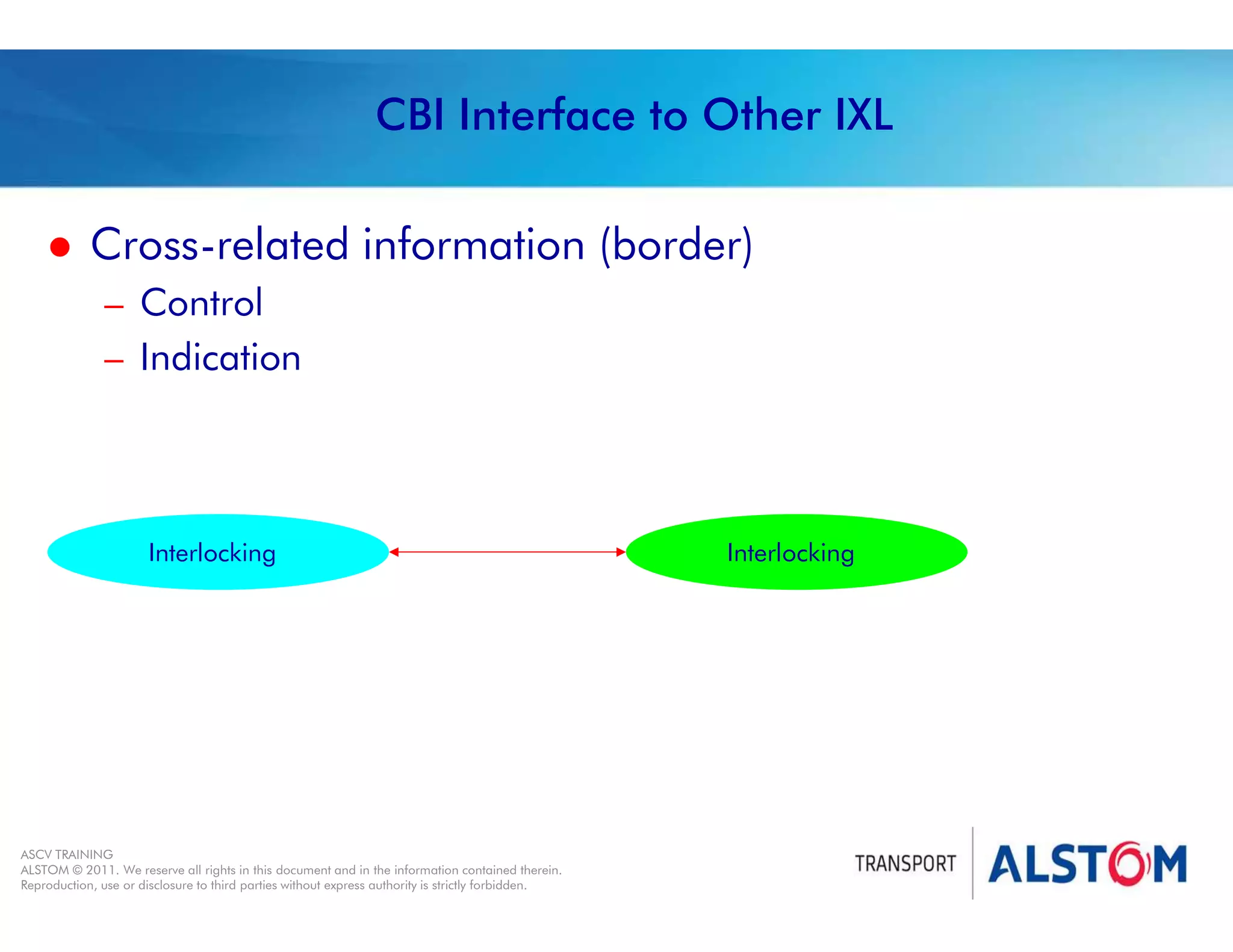 
Year 2011 - page 27
02 System Signalling Overview Contract BS01
ASCV TRAINING
ALSTOM © 2011. We reserve all rights in this document and in the information contained therein.
Reproduction, use or disclosure to third parties without express authority is strictly forbidden.
CBI Interface to Other IXL
 Cross-related information (border)
– Control
– Indication
Interlocking
Interlocking
 