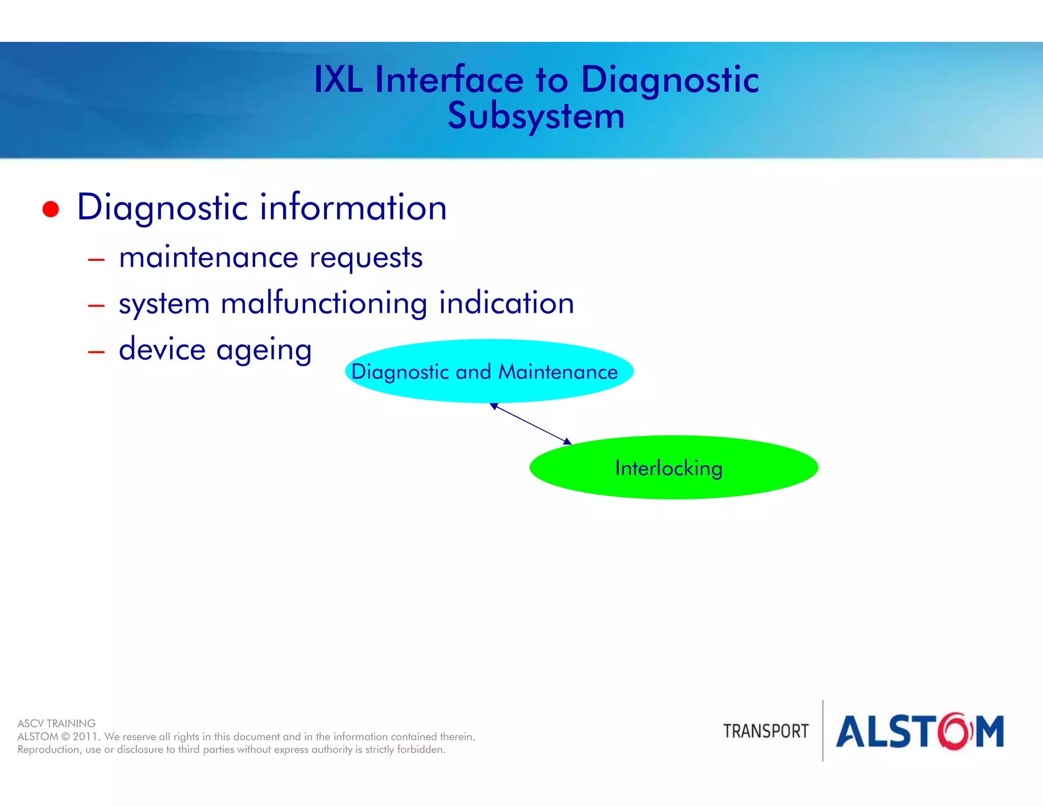 
Year 2011 - page 28
02 System Signalling Overview Contract BS01
ASCV TRAINING
ALSTOM © 2011. We reserve all rights in this document and in the information contained therein.
Reproduction, use or disclosure to third parties without express authority is strictly forbidden.
IXL Interface to Diagnostic
Subsystem
 Diagnostic information
– maintenance requests
– system malfunctioning indication
– device ageing
Interlocking
Diagnostic and Maintenance
 