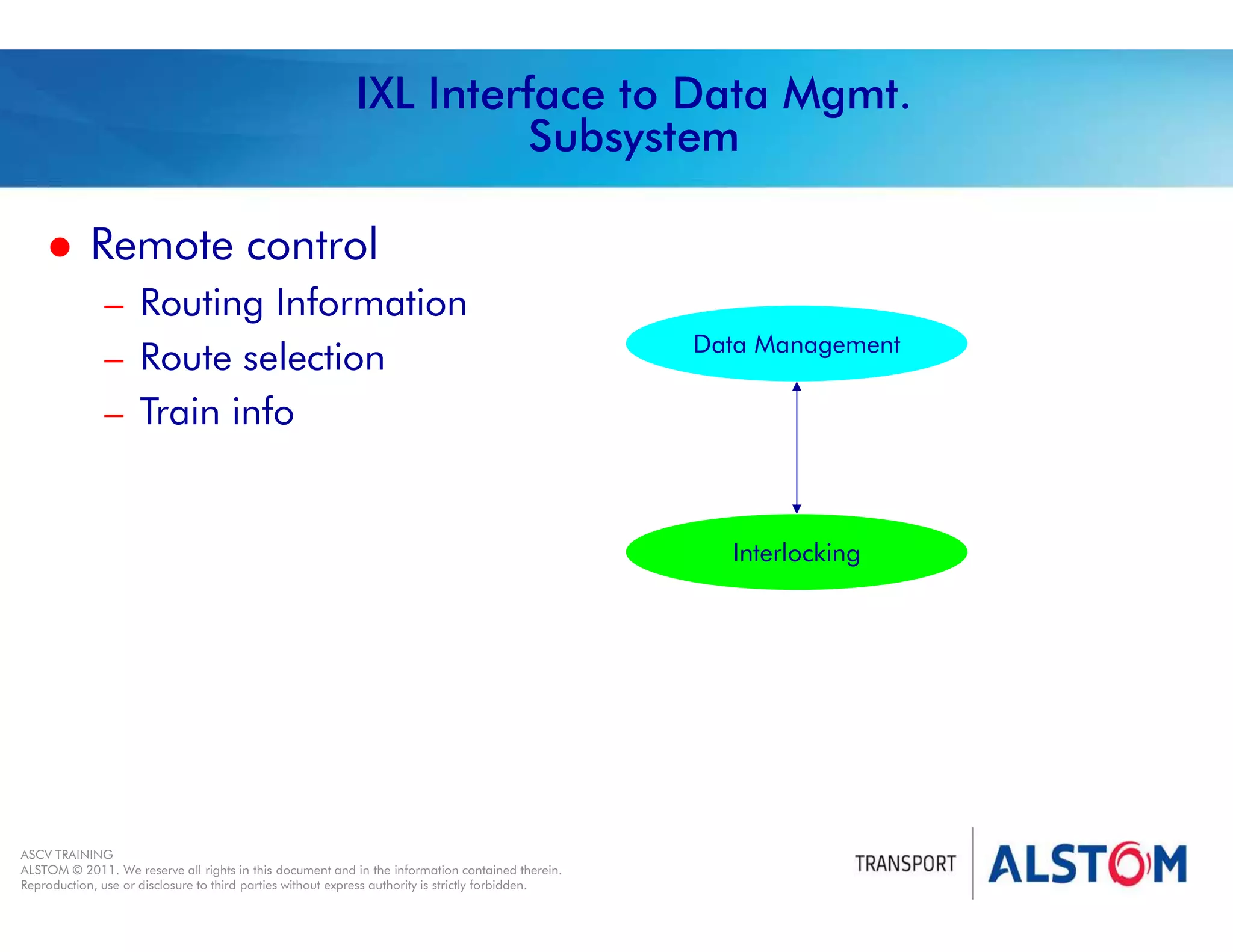 
Year 2011 - page 29
02 System Signalling Overview Contract BS01
ASCV TRAINING
ALSTOM © 2011. We reserve all rights in this document and in the information contained therein.
Reproduction, use or disclosure to third parties without express authority is strictly forbidden.
IXL Interface to Data Mgmt.
Subsystem
 Remote control
– Routing Information
– Route selection
– Train info
Interlocking
Data Management
 