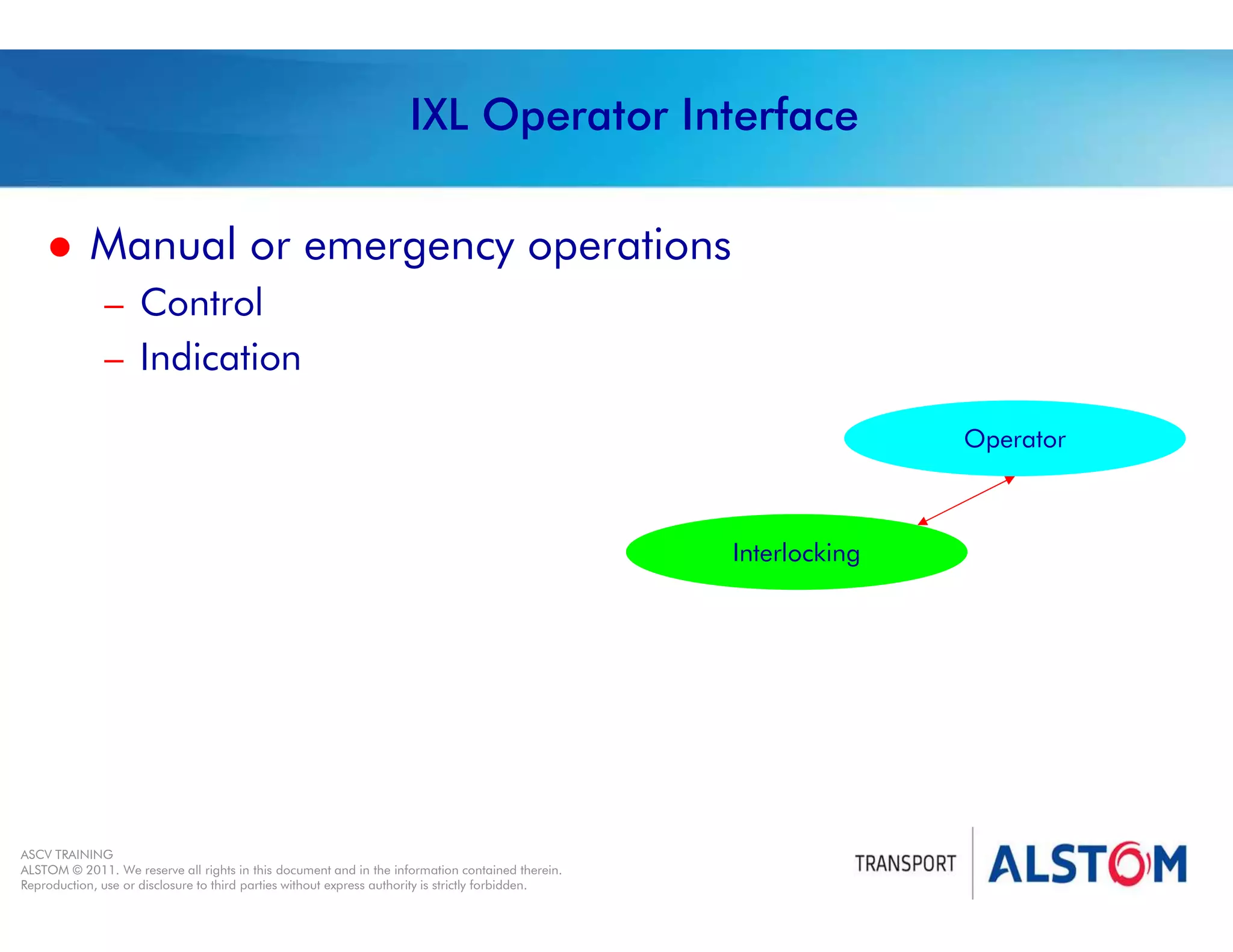 
Year 2011 - page 30
02 System Signalling Overview Contract BS01
ASCV TRAINING
ALSTOM © 2011. We reserve all rights in this document and in the information contained therein.
Reproduction, use or disclosure to third parties without express authority is strictly forbidden.
IXL Operator Interface
 Manual or emergency operations
– Control
– Indication
Interlocking
Operator
 