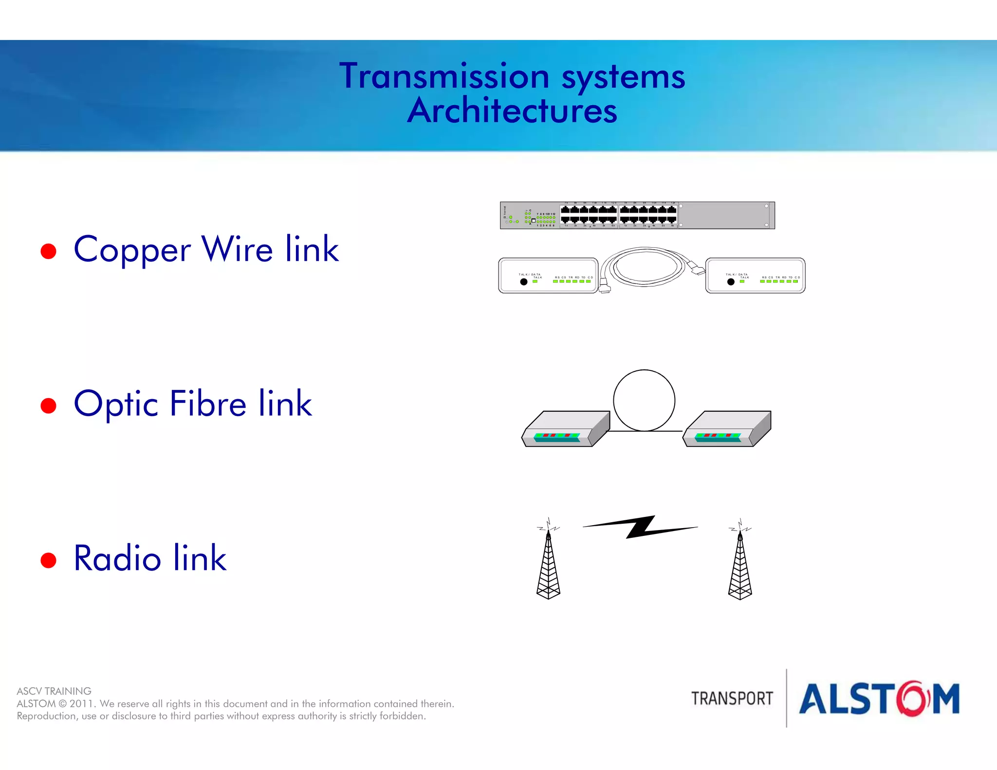 
Year 2011 - page 35
02 System Signalling Overview Contract BS01
ASCV TRAINING
ALSTOM © 2011. We reserve all rights in this document and in the information contained therein.
Reproduction, use or disclosure to third parties without express authority is strictly forbidden.
Transmission systems
Architectures
 Copper Wire link
 Optic Fibre link
 Radio link
1 2 3 4 5 6
7 8 9 101 1 12
A
B
1 2x
6x
8x
2x
9x
3x
1 0x
4x
11x
5x
7x
1x
Et
h
e
r
net
A
12 x
6x
8x
2x
9x
3x
1 0x
4x
1 1x
5x
7 x
1 x
C
R S C S T R R D TD C D
T AL K / D A T A
TA L K R S C S T R R D TD C D
T AL K / D A T A
T A L K
 