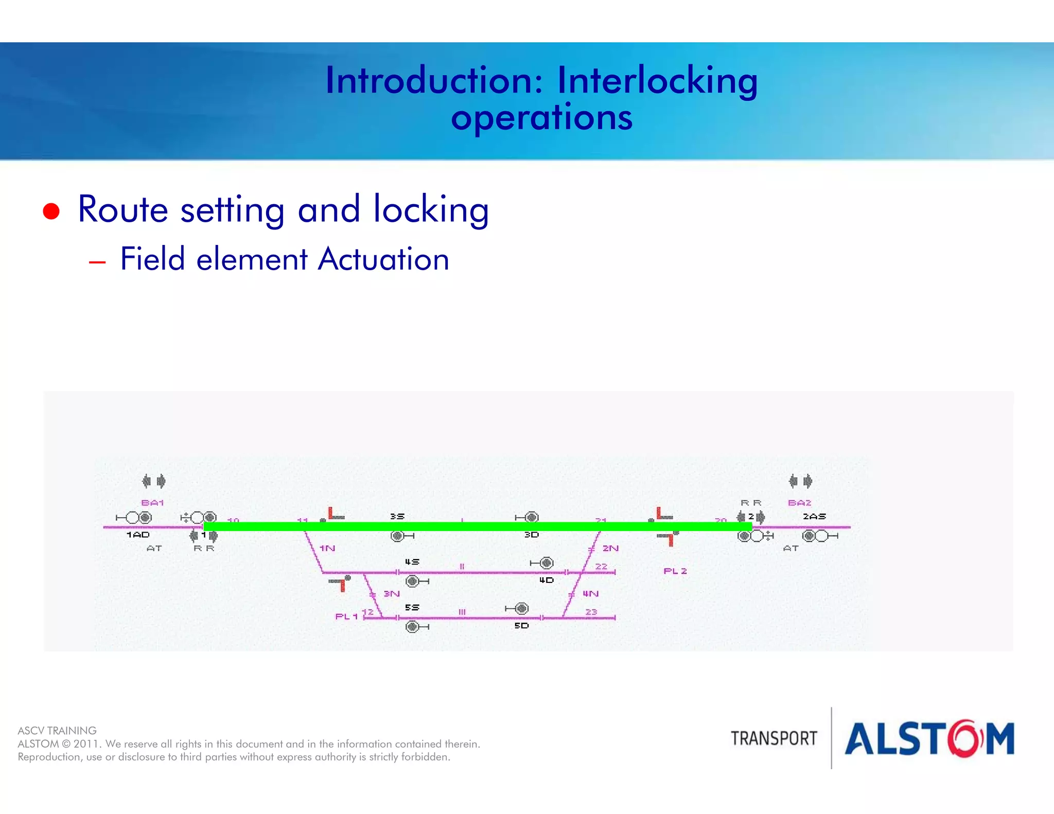 
Year 2011 - page 4
02 System Signalling Overview Contract BS01
ASCV TRAINING
ALSTOM © 2011. We reserve all rights in this document and in the information contained therein.
Reproduction, use or disclosure to third parties without express authority is strictly forbidden.
Introduction: Interlocking
operations
 Route setting and locking
– Field element Actuation
 