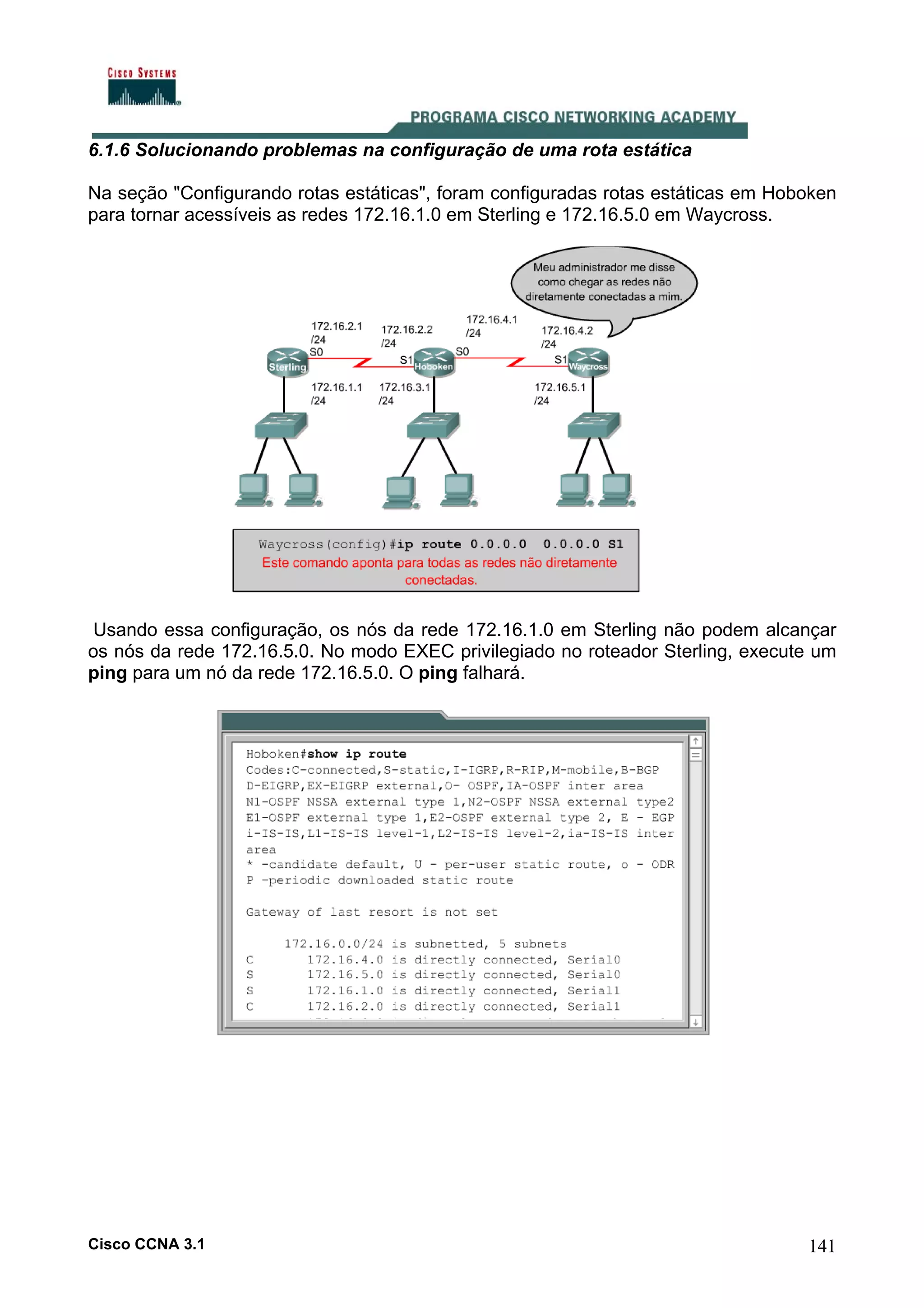6.1.6 Solucionando problemas na configuração de uma rota estática
Na seção "Configurando rotas estáticas", foram configuradas rotas estáticas em Hoboken
para tornar acessíveis as redes 172.16.1.0 em Sterling e 172.16.5.0 em Waycross.

Usando essa configuração, os nós da rede 172.16.1.0 em Sterling não podem alcançar
os nós da rede 172.16.5.0. No modo EXEC privilegiado no roteador Sterling, execute um
ping para um nó da rede 172.16.5.0. O ping falhará.

Cisco CCNA 3.1

141

 