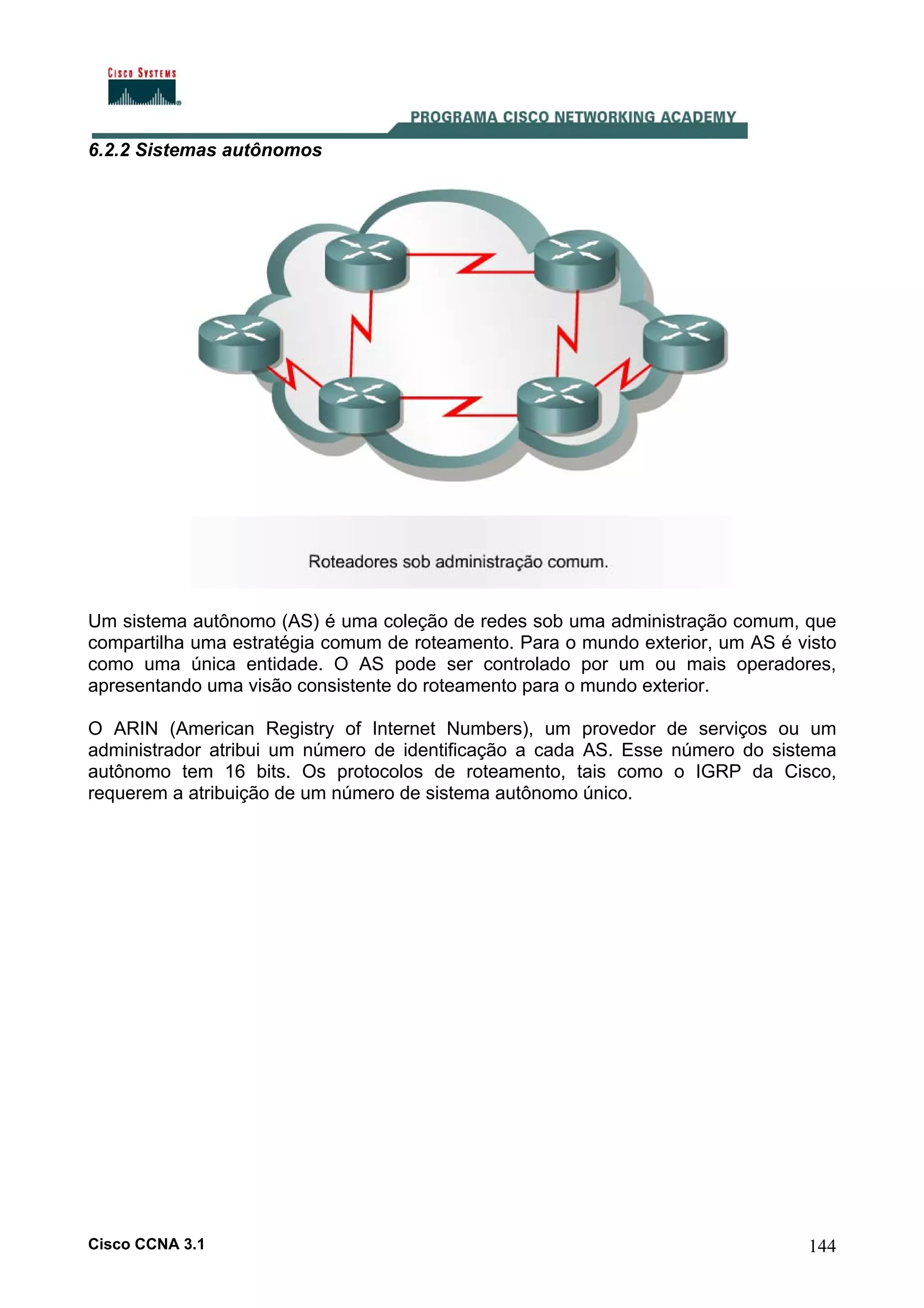 6.2.2 Sistemas autônomos

Um sistema autônomo (AS) é uma coleção de redes sob uma administração comum, que
compartilha uma estratégia comum de roteamento. Para o mundo exterior, um AS é visto
como uma única entidade. O AS pode ser controlado por um ou mais operadores,
apresentando uma visão consistente do roteamento para o mundo exterior.
O ARIN (American Registry of Internet Numbers), um provedor de serviços ou um
administrador atribui um número de identificação a cada AS. Esse número do sistema
autônomo tem 16 bits. Os protocolos de roteamento, tais como o IGRP da Cisco,
requerem a atribuição de um número de sistema autônomo único.

Cisco CCNA 3.1

144

 