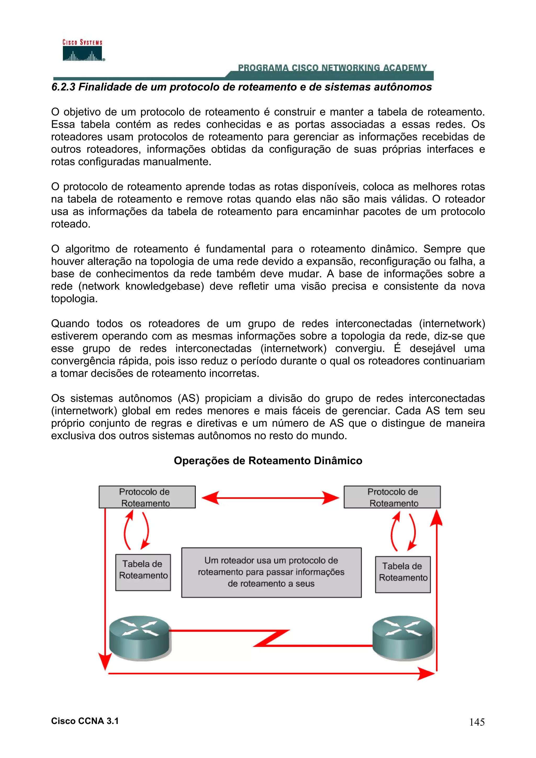 6.2.3 Finalidade de um protocolo de roteamento e de sistemas autônomos
O objetivo de um protocolo de roteamento é construir e manter a tabela de roteamento.
Essa tabela contém as redes conhecidas e as portas associadas a essas redes. Os
roteadores usam protocolos de roteamento para gerenciar as informações recebidas de
outros roteadores, informações obtidas da configuração de suas próprias interfaces e
rotas configuradas manualmente.
O protocolo de roteamento aprende todas as rotas disponíveis, coloca as melhores rotas
na tabela de roteamento e remove rotas quando elas não são mais válidas. O roteador
usa as informações da tabela de roteamento para encaminhar pacotes de um protocolo
roteado.
O algoritmo de roteamento é fundamental para o roteamento dinâmico. Sempre que
houver alteração na topologia de uma rede devido a expansão, reconfiguração ou falha, a
base de conhecimentos da rede também deve mudar. A base de informações sobre a
rede (network knowledgebase) deve refletir uma visão precisa e consistente da nova
topologia.
Quando todos os roteadores de um grupo de redes interconectadas (internetwork)
estiverem operando com as mesmas informações sobre a topologia da rede, diz-se que
esse grupo de redes interconectadas (internetwork) convergiu. É desejável uma
convergência rápida, pois isso reduz o período durante o qual os roteadores continuariam
a tomar decisões de roteamento incorretas.
Os sistemas autônomos (AS) propiciam a divisão do grupo de redes interconectadas
(internetwork) global em redes menores e mais fáceis de gerenciar. Cada AS tem seu
próprio conjunto de regras e diretivas e um número de AS que o distingue de maneira
exclusiva dos outros sistemas autônomos no resto do mundo.
Operações de Roteamento Dinâmico

Cisco CCNA 3.1

145

 