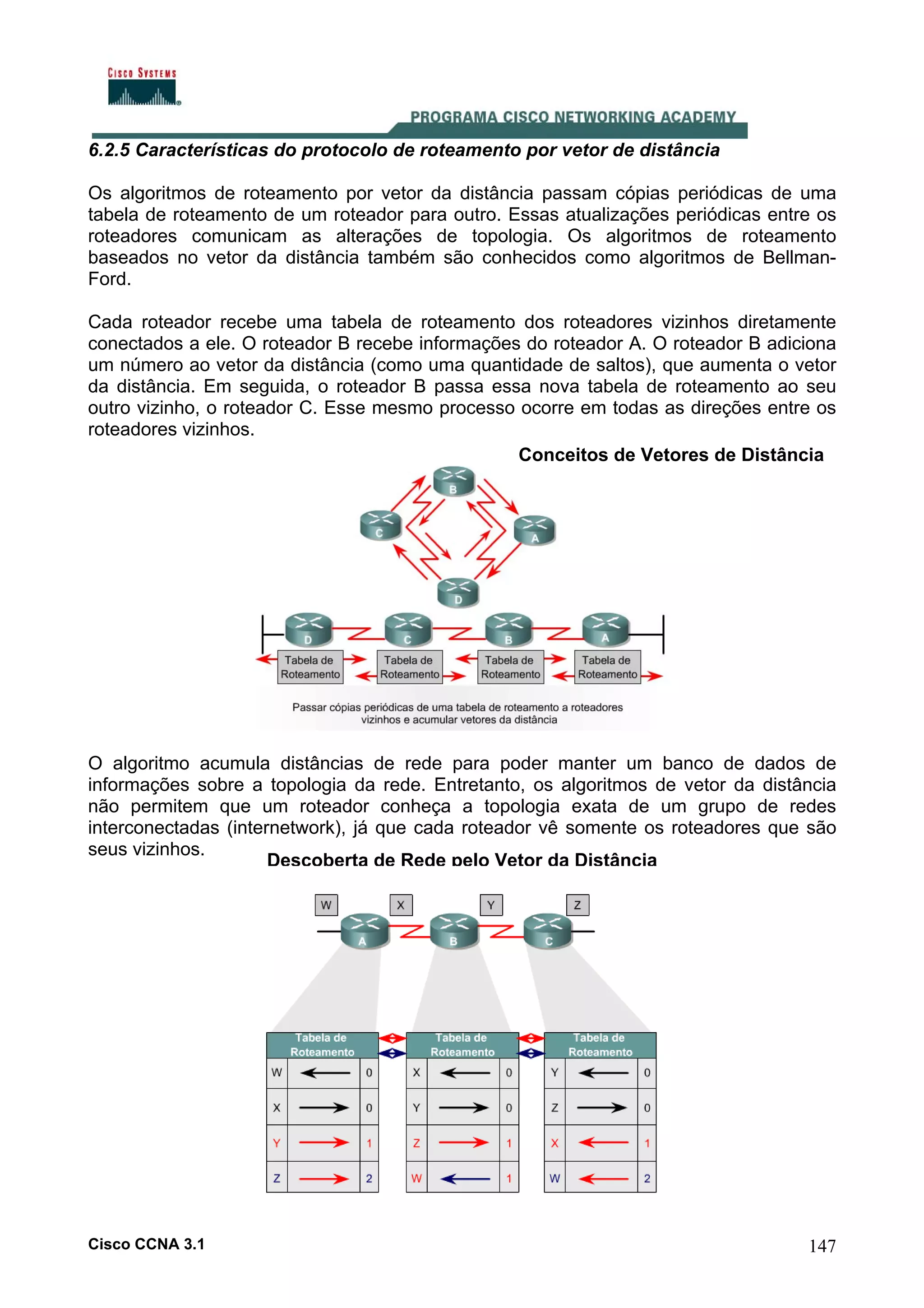 6.2.5 Características do protocolo de roteamento por vetor de distância
Os algoritmos de roteamento por vetor da distância passam cópias periódicas de uma
tabela de roteamento de um roteador para outro. Essas atualizações periódicas entre os
roteadores comunicam as alterações de topologia. Os algoritmos de roteamento
baseados no vetor da distância também são conhecidos como algoritmos de BellmanFord.
Cada roteador recebe uma tabela de roteamento dos roteadores vizinhos diretamente
conectados a ele. O roteador B recebe informações do roteador A. O roteador B adiciona
um número ao vetor da distância (como uma quantidade de saltos), que aumenta o vetor
da distância. Em seguida, o roteador B passa essa nova tabela de roteamento ao seu
outro vizinho, o roteador C. Esse mesmo processo ocorre em todas as direções entre os
roteadores vizinhos.
Conceitos de Vetores de Distância

O algoritmo acumula distâncias de rede para poder manter um banco de dados de
informações sobre a topologia da rede. Entretanto, os algoritmos de vetor da distância
não permitem que um roteador conheça a topologia exata de um grupo de redes
interconectadas (internetwork), já que cada roteador vê somente os roteadores que são
seus vizinhos.
Descoberta de Rede pelo Vetor da Distância

Cisco CCNA 3.1

147

 