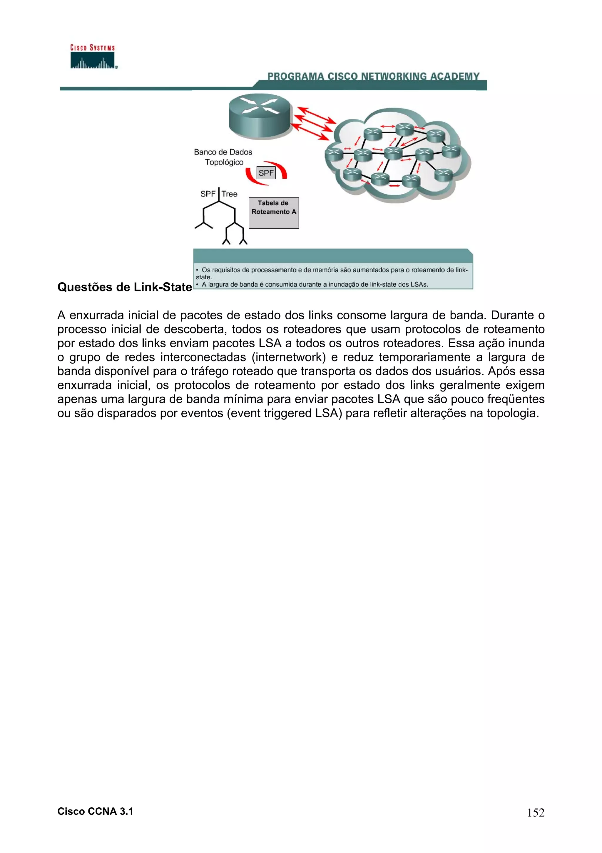 Questões de Link-State
A enxurrada inicial de pacotes de estado dos links consome largura de banda. Durante o
processo inicial de descoberta, todos os roteadores que usam protocolos de roteamento
por estado dos links enviam pacotes LSA a todos os outros roteadores. Essa ação inunda
o grupo de redes interconectadas (internetwork) e reduz temporariamente a largura de
banda disponível para o tráfego roteado que transporta os dados dos usuários. Após essa
enxurrada inicial, os protocolos de roteamento por estado dos links geralmente exigem
apenas uma largura de banda mínima para enviar pacotes LSA que são pouco freqüentes
ou são disparados por eventos (event triggered LSA) para refletir alterações na topologia.

Cisco CCNA 3.1

152

 