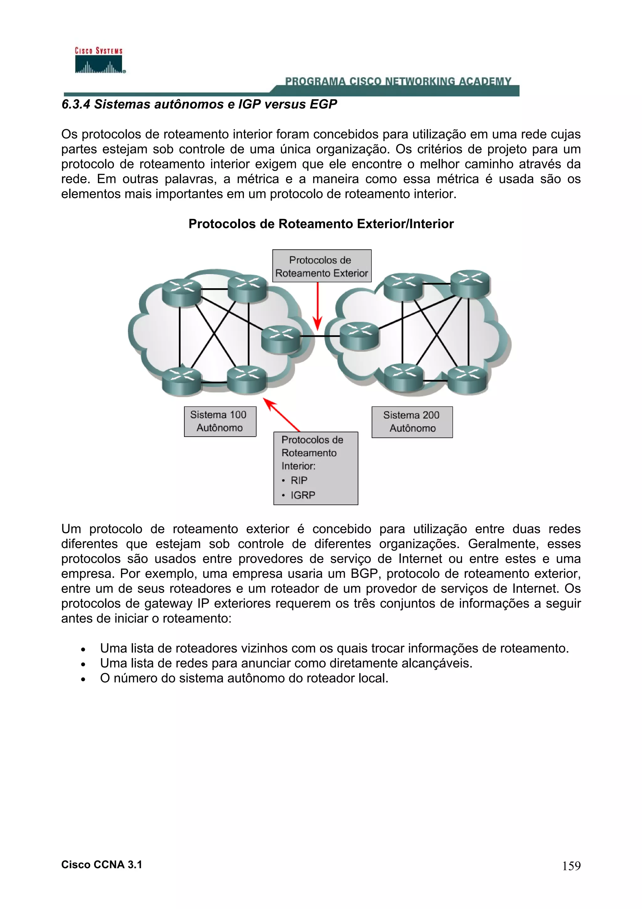 6.3.4 Sistemas autônomos e IGP versus EGP
Os protocolos de roteamento interior foram concebidos para utilização em uma rede cujas
partes estejam sob controle de uma única organização. Os critérios de projeto para um
protocolo de roteamento interior exigem que ele encontre o melhor caminho através da
rede. Em outras palavras, a métrica e a maneira como essa métrica é usada são os
elementos mais importantes em um protocolo de roteamento interior.
Protocolos de Roteamento Exterior/Interior

Um protocolo de roteamento exterior é concebido para utilização entre duas redes
diferentes que estejam sob controle de diferentes organizações. Geralmente, esses
protocolos são usados entre provedores de serviço de Internet ou entre estes e uma
empresa. Por exemplo, uma empresa usaria um BGP, protocolo de roteamento exterior,
entre um de seus roteadores e um roteador de um provedor de serviços de Internet. Os
protocolos de gateway IP exteriores requerem os três conjuntos de informações a seguir
antes de iniciar o roteamento:
•
•
•

Uma lista de roteadores vizinhos com os quais trocar informações de roteamento.
Uma lista de redes para anunciar como diretamente alcançáveis.
O número do sistema autônomo do roteador local.

Cisco CCNA 3.1

159

 