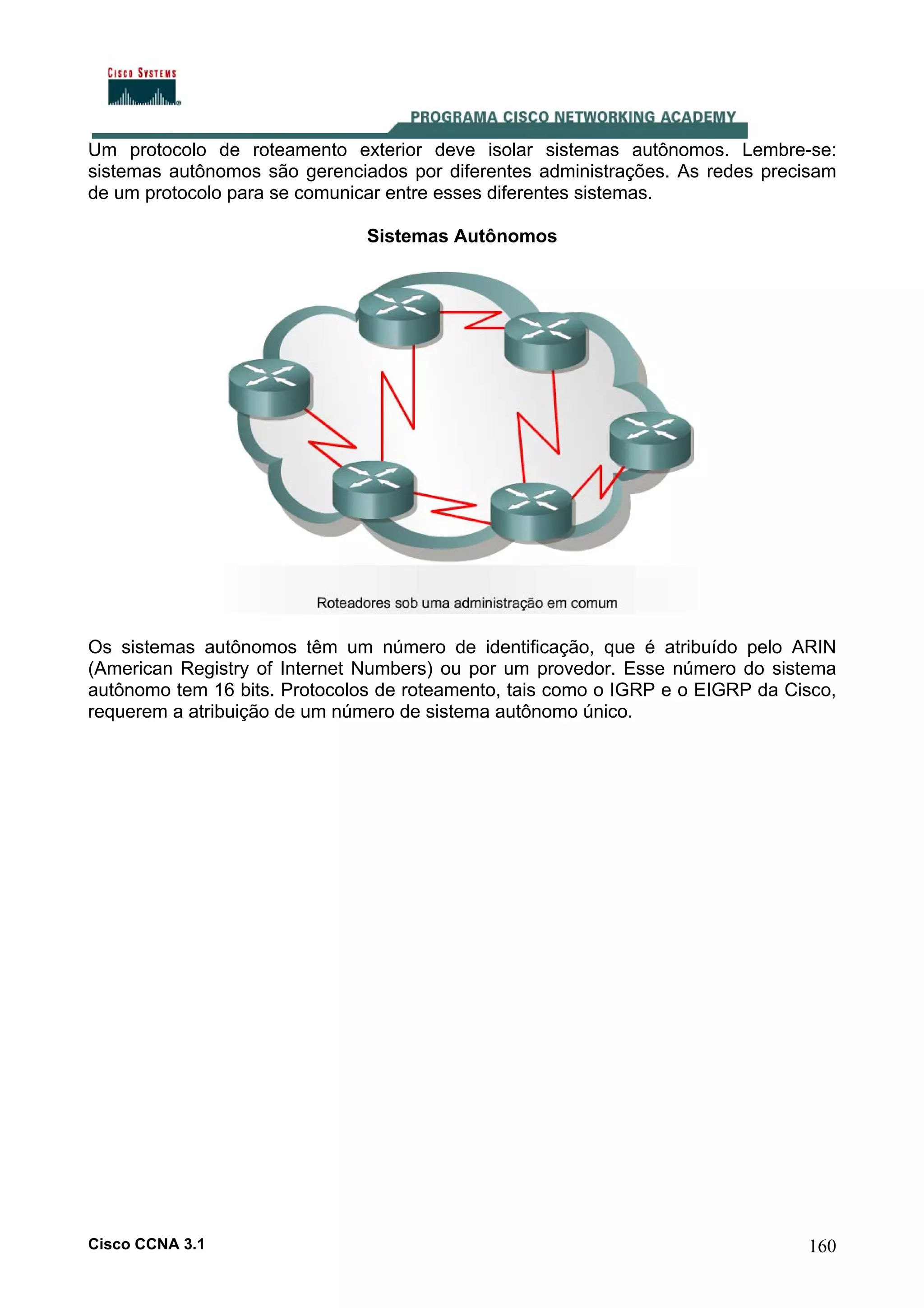 Um protocolo de roteamento exterior deve isolar sistemas autônomos. Lembre-se:
sistemas autônomos são gerenciados por diferentes administrações. As redes precisam
de um protocolo para se comunicar entre esses diferentes sistemas.
Sistemas Autônomos

Os sistemas autônomos têm um número de identificação, que é atribuído pelo ARIN
(American Registry of Internet Numbers) ou por um provedor. Esse número do sistema
autônomo tem 16 bits. Protocolos de roteamento, tais como o IGRP e o EIGRP da Cisco,
requerem a atribuição de um número de sistema autônomo único.

Cisco CCNA 3.1

160

 