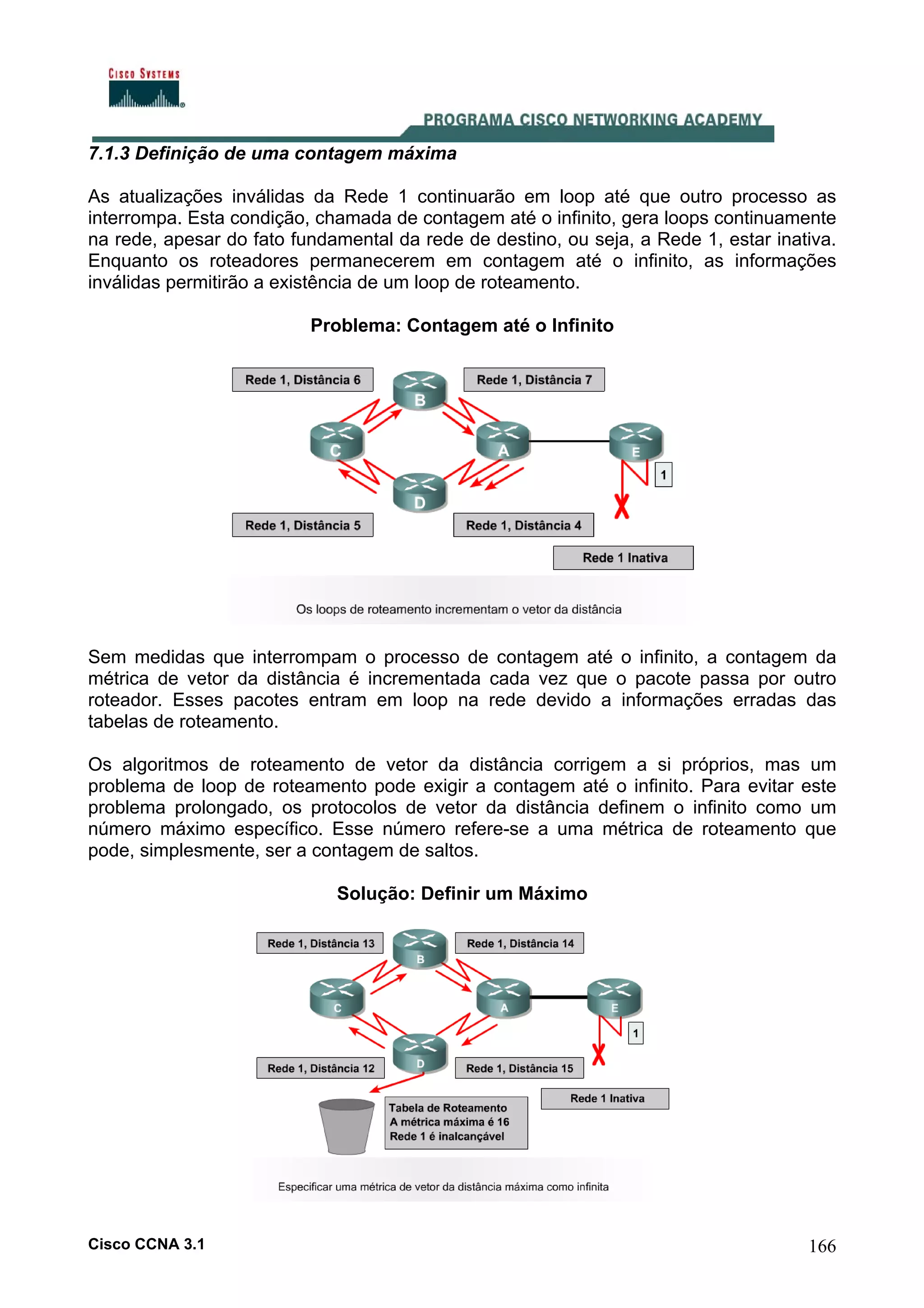 7.1.3 Definição de uma contagem máxima
As atualizações inválidas da Rede 1 continuarão em loop até que outro processo as
interrompa. Esta condição, chamada de contagem até o infinito, gera loops continuamente
na rede, apesar do fato fundamental da rede de destino, ou seja, a Rede 1, estar inativa.
Enquanto os roteadores permanecerem em contagem até o infinito, as informações
inválidas permitirão a existência de um loop de roteamento.
Problema: Contagem até o Infinito

Sem medidas que interrompam o processo de contagem até o infinito, a contagem da
métrica de vetor da distância é incrementada cada vez que o pacote passa por outro
roteador. Esses pacotes entram em loop na rede devido a informações erradas das
tabelas de roteamento.
Os algoritmos de roteamento de vetor da distância corrigem a si próprios, mas um
problema de loop de roteamento pode exigir a contagem até o infinito. Para evitar este
problema prolongado, os protocolos de vetor da distância definem o infinito como um
número máximo específico. Esse número refere-se a uma métrica de roteamento que
pode, simplesmente, ser a contagem de saltos.
Solução: Definir um Máximo

Cisco CCNA 3.1

166

 