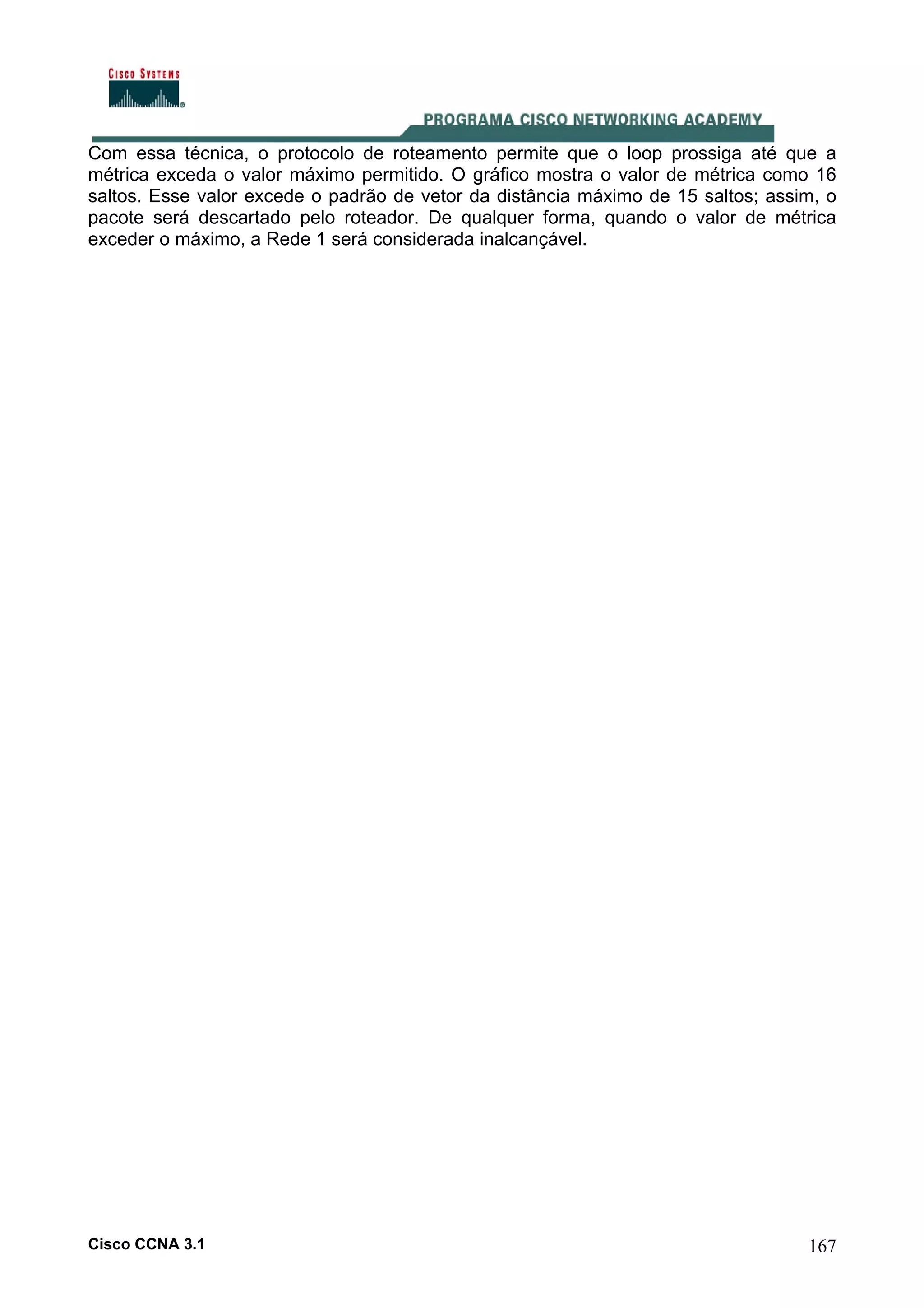 Com essa técnica, o protocolo de roteamento permite que o loop prossiga até que a
métrica exceda o valor máximo permitido. O gráfico mostra o valor de métrica como 16
saltos. Esse valor excede o padrão de vetor da distância máximo de 15 saltos; assim, o
pacote será descartado pelo roteador. De qualquer forma, quando o valor de métrica
exceder o máximo, a Rede 1 será considerada inalcançável.

Cisco CCNA 3.1

167

 