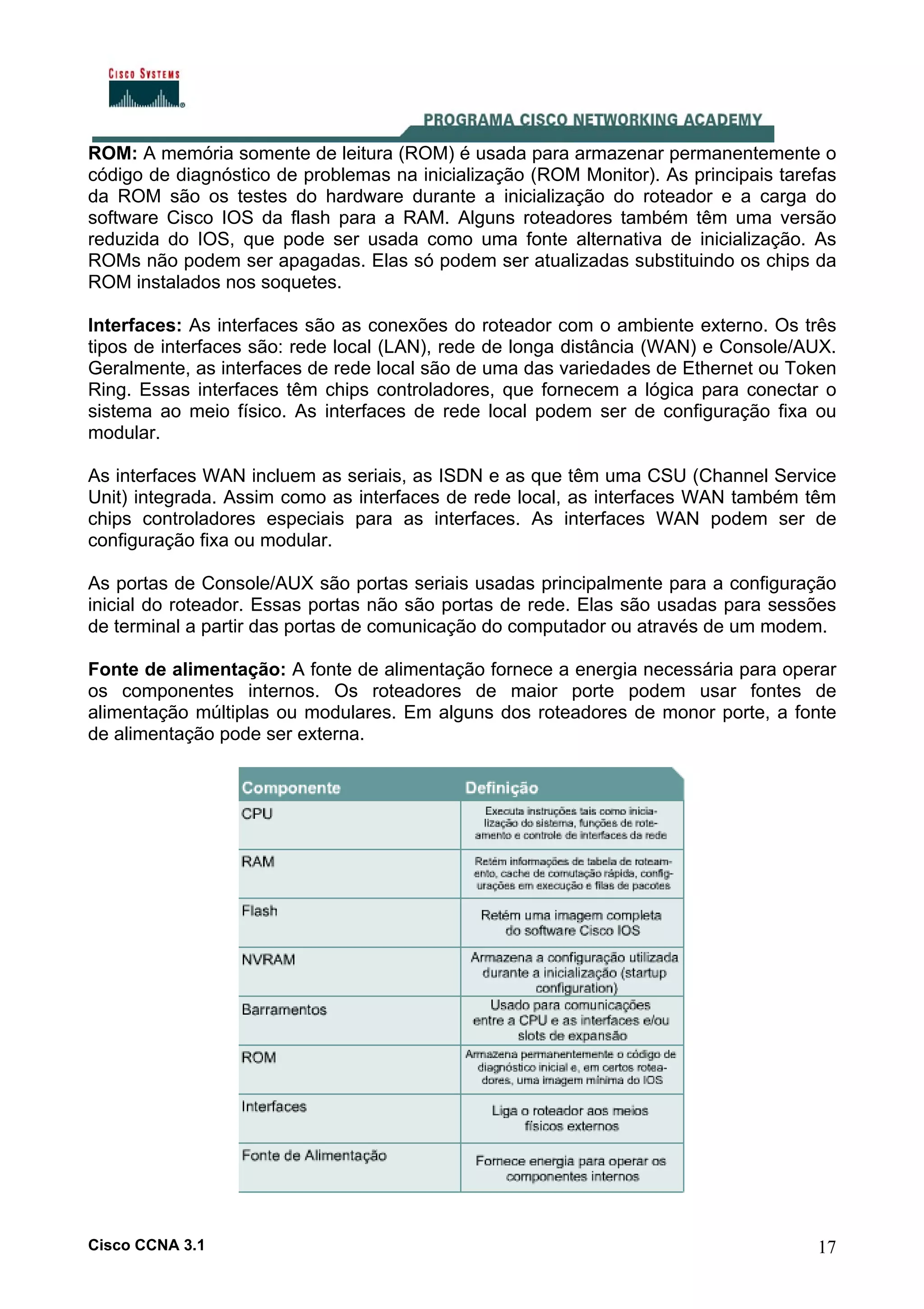 ROM: A memória somente de leitura (ROM) é usada para armazenar permanentemente o
código de diagnóstico de problemas na inicialização (ROM Monitor). As principais tarefas
da ROM são os testes do hardware durante a inicialização do roteador e a carga do
software Cisco IOS da flash para a RAM. Alguns roteadores também têm uma versão
reduzida do IOS, que pode ser usada como uma fonte alternativa de inicialização. As
ROMs não podem ser apagadas. Elas só podem ser atualizadas substituindo os chips da
ROM instalados nos soquetes.
Interfaces: As interfaces são as conexões do roteador com o ambiente externo. Os três
tipos de interfaces são: rede local (LAN), rede de longa distância (WAN) e Console/AUX.
Geralmente, as interfaces de rede local são de uma das variedades de Ethernet ou Token
Ring. Essas interfaces têm chips controladores, que fornecem a lógica para conectar o
sistema ao meio físico. As interfaces de rede local podem ser de configuração fixa ou
modular.
As interfaces WAN incluem as seriais, as ISDN e as que têm uma CSU (Channel Service
Unit) integrada. Assim como as interfaces de rede local, as interfaces WAN também têm
chips controladores especiais para as interfaces. As interfaces WAN podem ser de
configuração fixa ou modular.
As portas de Console/AUX são portas seriais usadas principalmente para a configuração
inicial do roteador. Essas portas não são portas de rede. Elas são usadas para sessões
de terminal a partir das portas de comunicação do computador ou através de um modem.
Fonte de alimentação: A fonte de alimentação fornece a energia necessária para operar
os componentes internos. Os roteadores de maior porte podem usar fontes de
alimentação múltiplas ou modulares. Em alguns dos roteadores de monor porte, a fonte
de alimentação pode ser externa.

Cisco CCNA 3.1

17

 