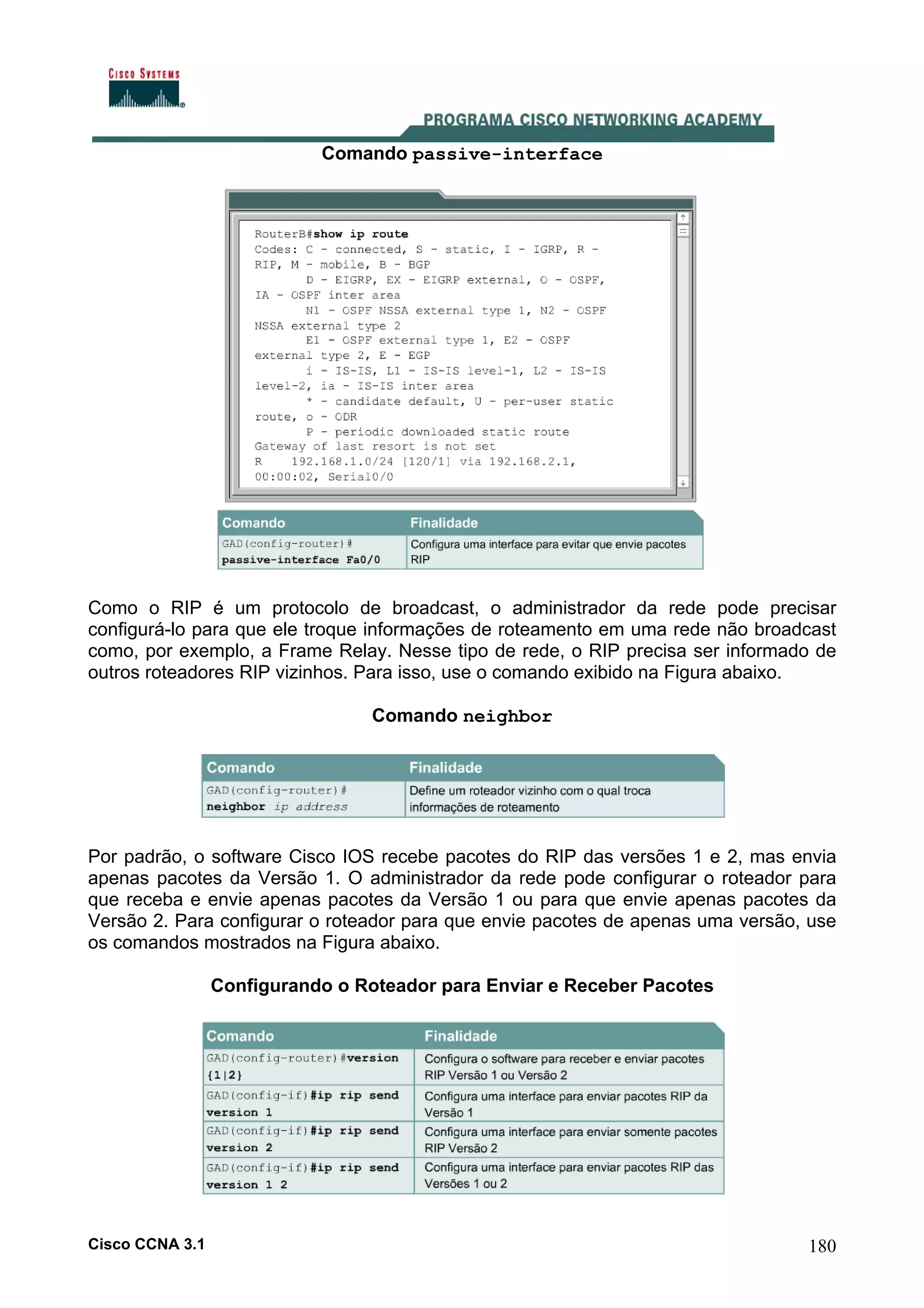 Comando passive-interface

Como o RIP é um protocolo de broadcast, o administrador da rede pode precisar
configurá-lo para que ele troque informações de roteamento em uma rede não broadcast
como, por exemplo, a Frame Relay. Nesse tipo de rede, o RIP precisa ser informado de
outros roteadores RIP vizinhos. Para isso, use o comando exibido na Figura abaixo.
Comando neighbor

Por padrão, o software Cisco IOS recebe pacotes do RIP das versões 1 e 2, mas envia
apenas pacotes da Versão 1. O administrador da rede pode configurar o roteador para
que receba e envie apenas pacotes da Versão 1 ou para que envie apenas pacotes da
Versão 2. Para configurar o roteador para que envie pacotes de apenas uma versão, use
os comandos mostrados na Figura abaixo.
Configurando o Roteador para Enviar e Receber Pacotes

Cisco CCNA 3.1

180

 