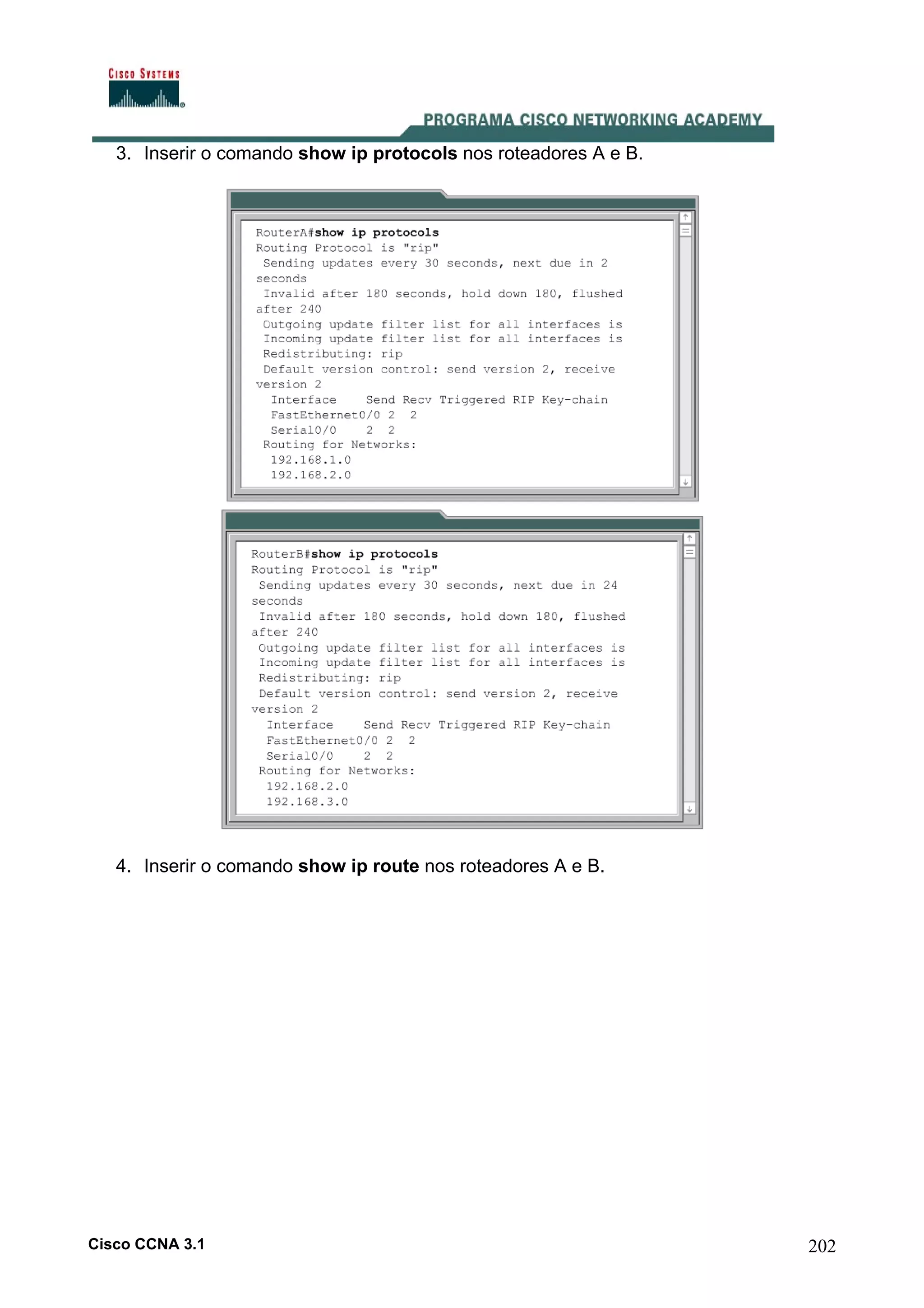 3. Inserir o comando show ip protocols nos roteadores A e B.

4. Inserir o comando show ip route nos roteadores A e B.

Cisco CCNA 3.1

202

 