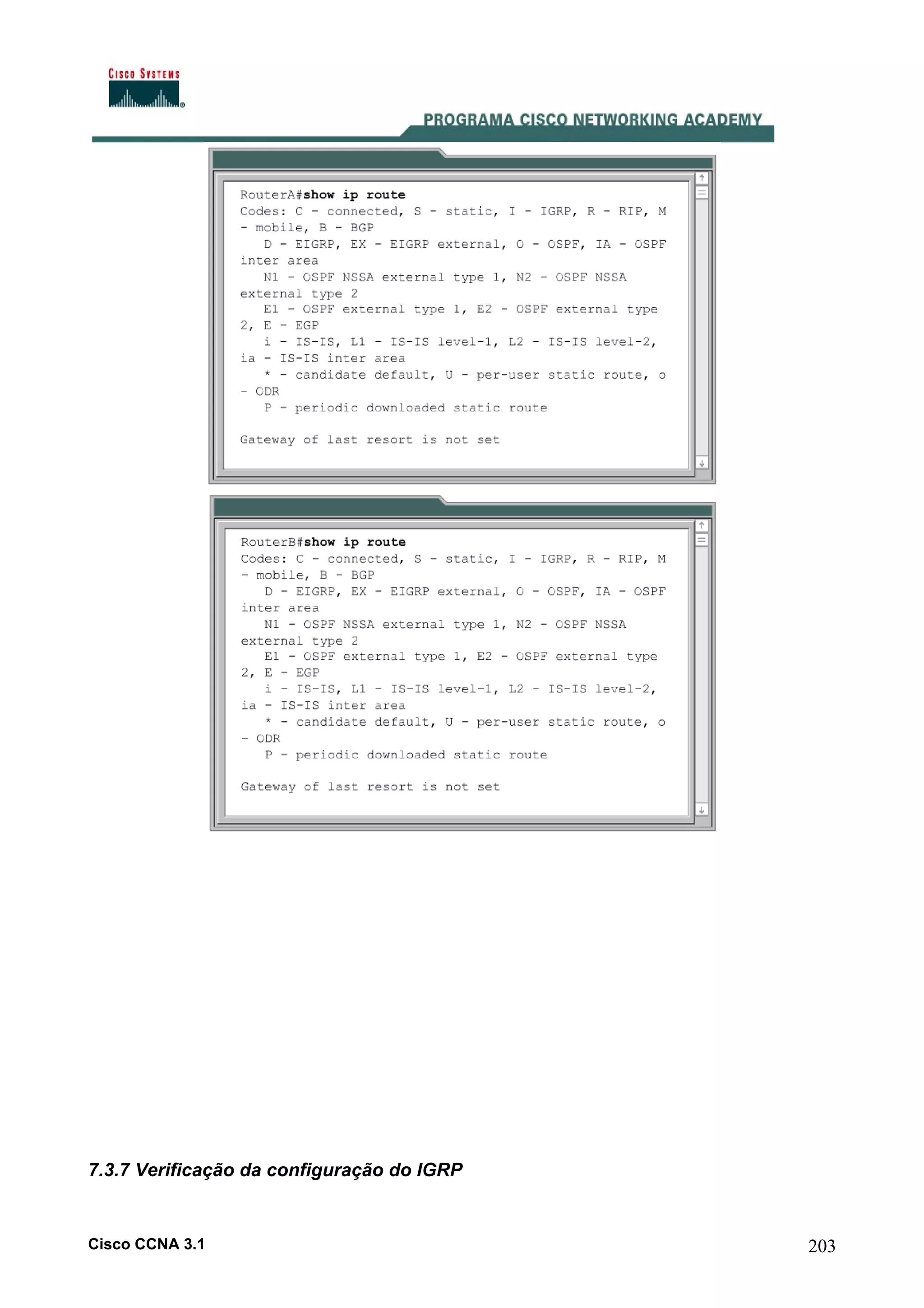 7.3.7 Verificação da configuração do IGRP

Cisco CCNA 3.1

203

 