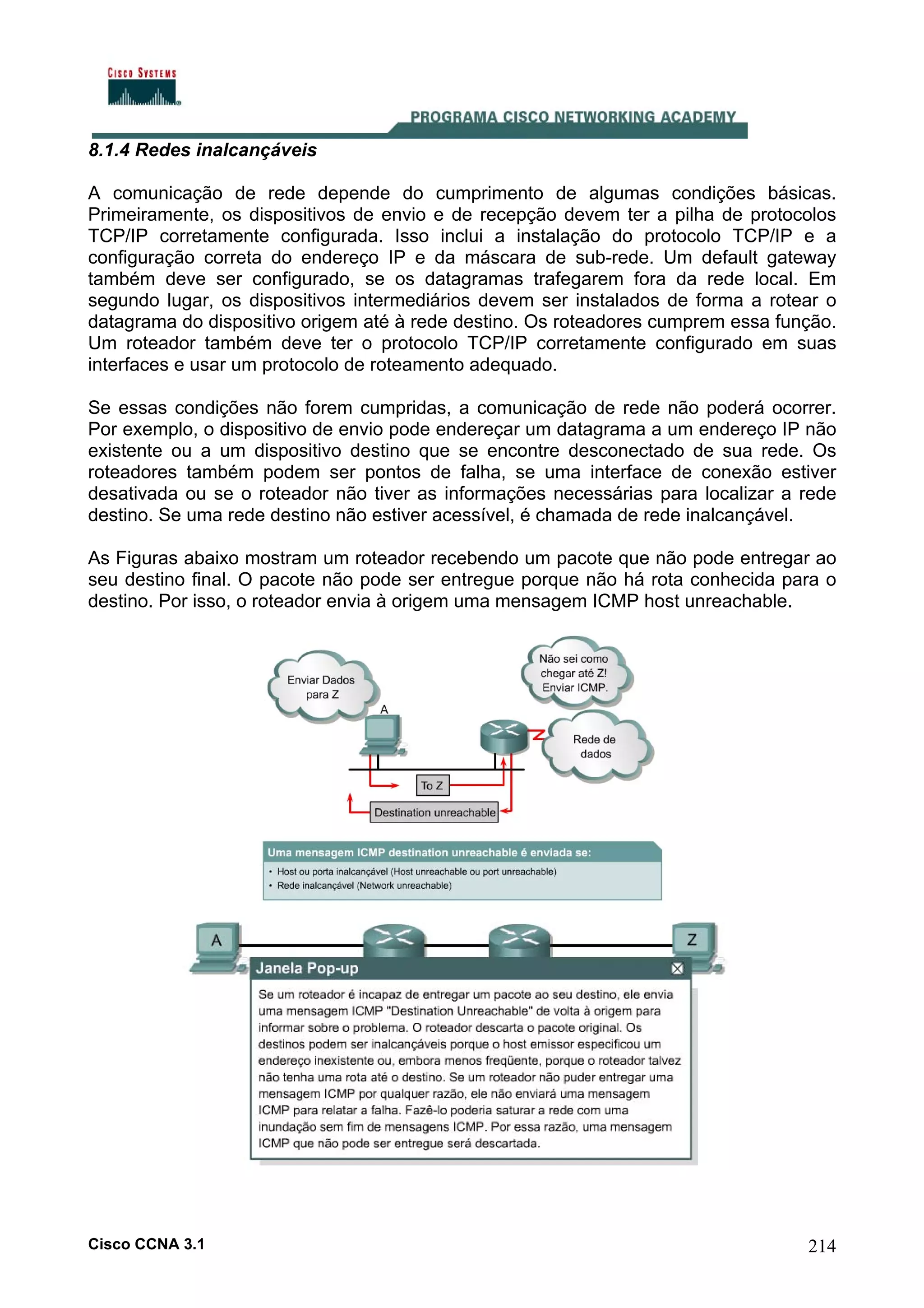 8.1.4 Redes inalcançáveis
A comunicação de rede depende do cumprimento de algumas condições básicas.
Primeiramente, os dispositivos de envio e de recepção devem ter a pilha de protocolos
TCP/IP corretamente configurada. Isso inclui a instalação do protocolo TCP/IP e a
configuração correta do endereço IP e da máscara de sub-rede. Um default gateway
também deve ser configurado, se os datagramas trafegarem fora da rede local. Em
segundo lugar, os dispositivos intermediários devem ser instalados de forma a rotear o
datagrama do dispositivo origem até à rede destino. Os roteadores cumprem essa função.
Um roteador também deve ter o protocolo TCP/IP corretamente configurado em suas
interfaces e usar um protocolo de roteamento adequado.
Se essas condições não forem cumpridas, a comunicação de rede não poderá ocorrer.
Por exemplo, o dispositivo de envio pode endereçar um datagrama a um endereço IP não
existente ou a um dispositivo destino que se encontre desconectado de sua rede. Os
roteadores também podem ser pontos de falha, se uma interface de conexão estiver
desativada ou se o roteador não tiver as informações necessárias para localizar a rede
destino. Se uma rede destino não estiver acessível, é chamada de rede inalcançável.
As Figuras abaixo mostram um roteador recebendo um pacote que não pode entregar ao
seu destino final. O pacote não pode ser entregue porque não há rota conhecida para o
destino. Por isso, o roteador envia à origem uma mensagem ICMP host unreachable.

Cisco CCNA 3.1

214

 