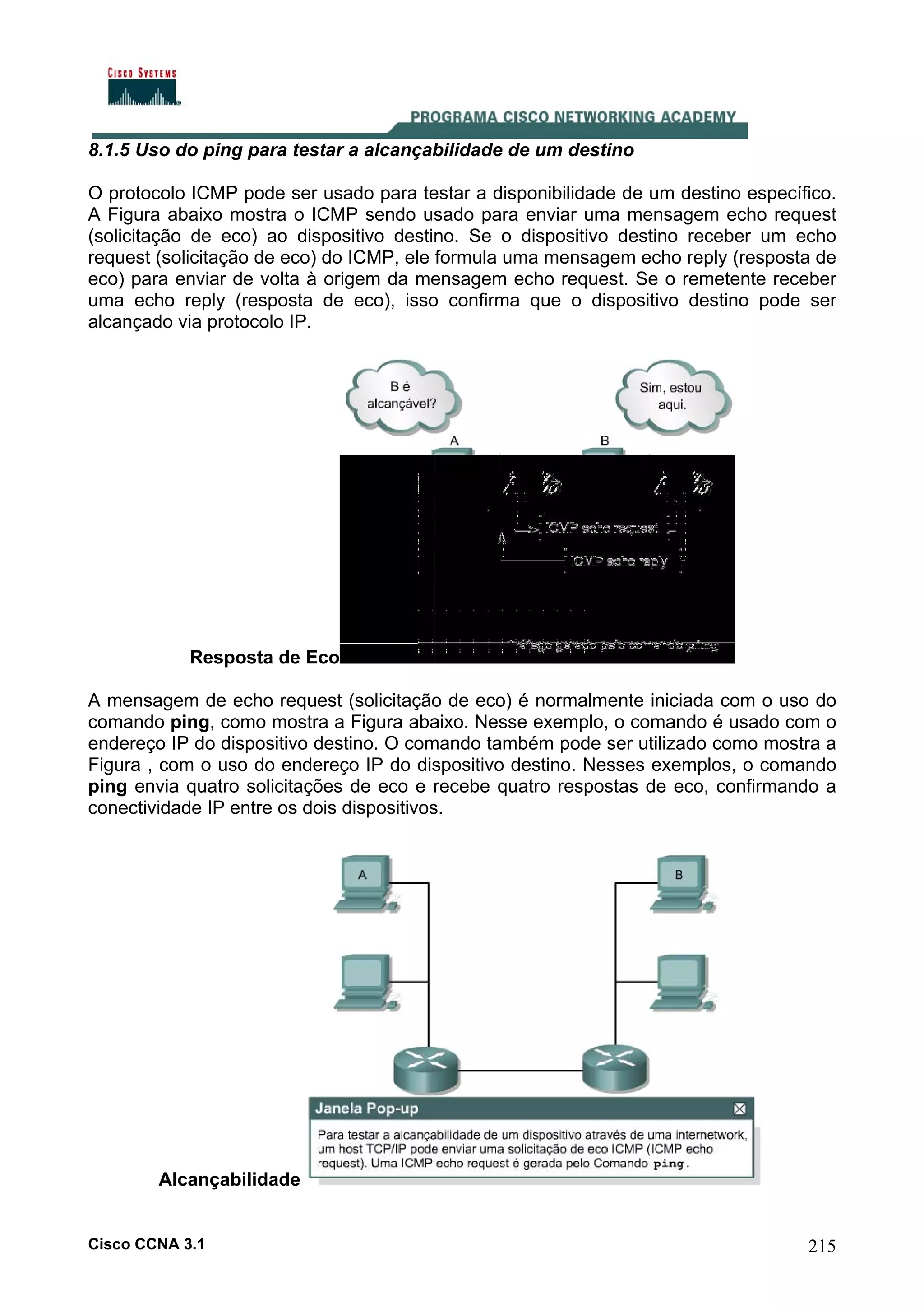 8.1.5 Uso do ping para testar a alcançabilidade de um destino
O protocolo ICMP pode ser usado para testar a disponibilidade de um destino específico.
A Figura abaixo mostra o ICMP sendo usado para enviar uma mensagem echo request
(solicitação de eco) ao dispositivo destino. Se o dispositivo destino receber um echo
request (solicitação de eco) do ICMP, ele formula uma mensagem echo reply (resposta de
eco) para enviar de volta à origem da mensagem echo request. Se o remetente receber
uma echo reply (resposta de eco), isso confirma que o dispositivo destino pode ser
alcançado via protocolo IP.

Resposta de Eco
A mensagem de echo request (solicitação de eco) é normalmente iniciada com o uso do
comando ping, como mostra a Figura abaixo. Nesse exemplo, o comando é usado com o
endereço IP do dispositivo destino. O comando também pode ser utilizado como mostra a
Figura , com o uso do endereço IP do dispositivo destino. Nesses exemplos, o comando
ping envia quatro solicitações de eco e recebe quatro respostas de eco, confirmando a
conectividade IP entre os dois dispositivos.

Alcançabilidade

Cisco CCNA 3.1

215

 
