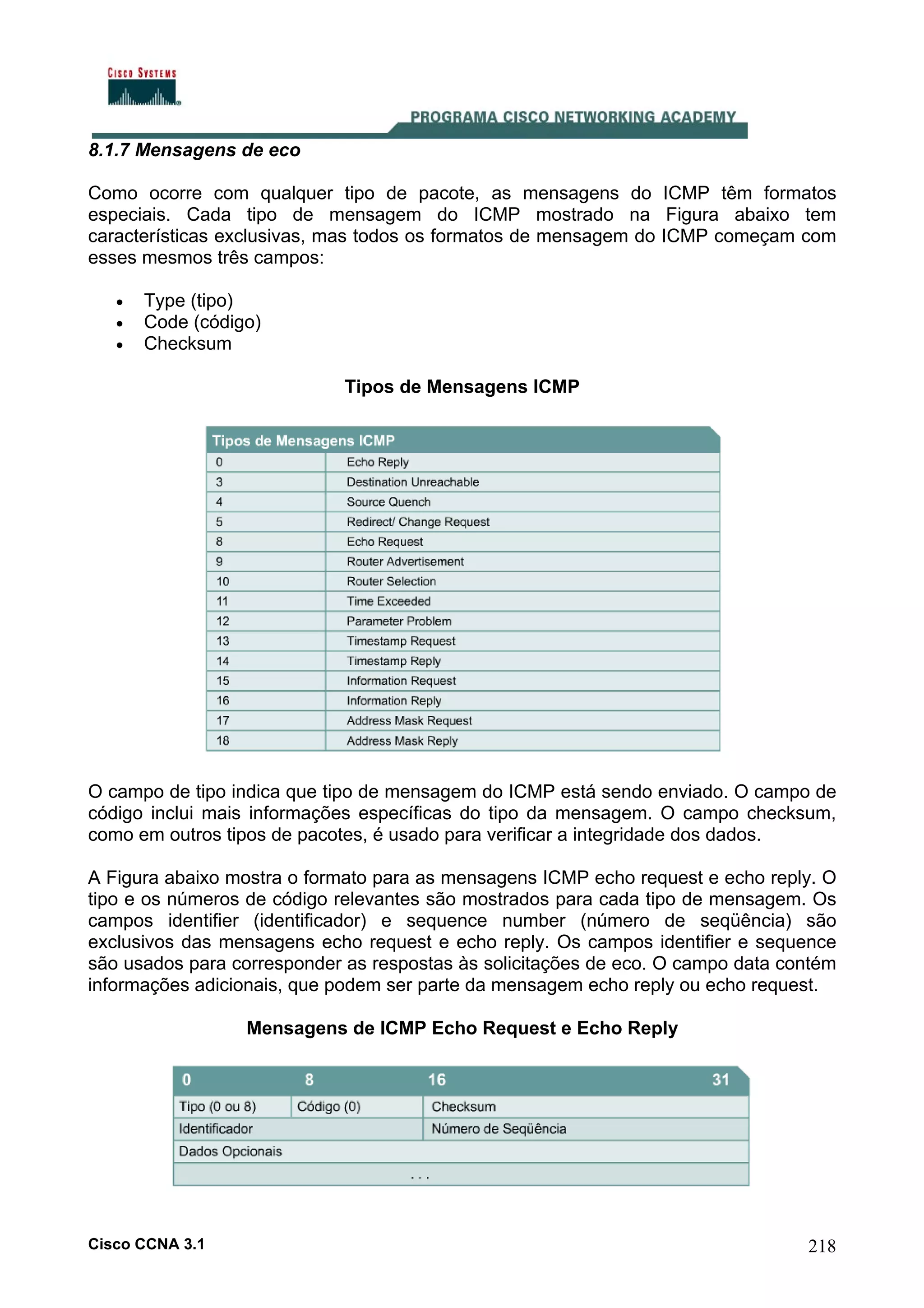 8.1.7 Mensagens de eco
Como ocorre com qualquer tipo de pacote, as mensagens do ICMP têm formatos
especiais. Cada tipo de mensagem do ICMP mostrado na Figura abaixo tem
características exclusivas, mas todos os formatos de mensagem do ICMP começam com
esses mesmos três campos:
•
•
•

Type (tipo)
Code (código)
Checksum
Tipos de Mensagens ICMP

O campo de tipo indica que tipo de mensagem do ICMP está sendo enviado. O campo de
código inclui mais informações específicas do tipo da mensagem. O campo checksum,
como em outros tipos de pacotes, é usado para verificar a integridade dos dados.
A Figura abaixo mostra o formato para as mensagens ICMP echo request e echo reply. O
tipo e os números de código relevantes são mostrados para cada tipo de mensagem. Os
campos identifier (identificador) e sequence number (número de seqüência) são
exclusivos das mensagens echo request e echo reply. Os campos identifier e sequence
são usados para corresponder as respostas às solicitações de eco. O campo data contém
informações adicionais, que podem ser parte da mensagem echo reply ou echo request.
Mensagens de ICMP Echo Request e Echo Reply

Cisco CCNA 3.1

218

 