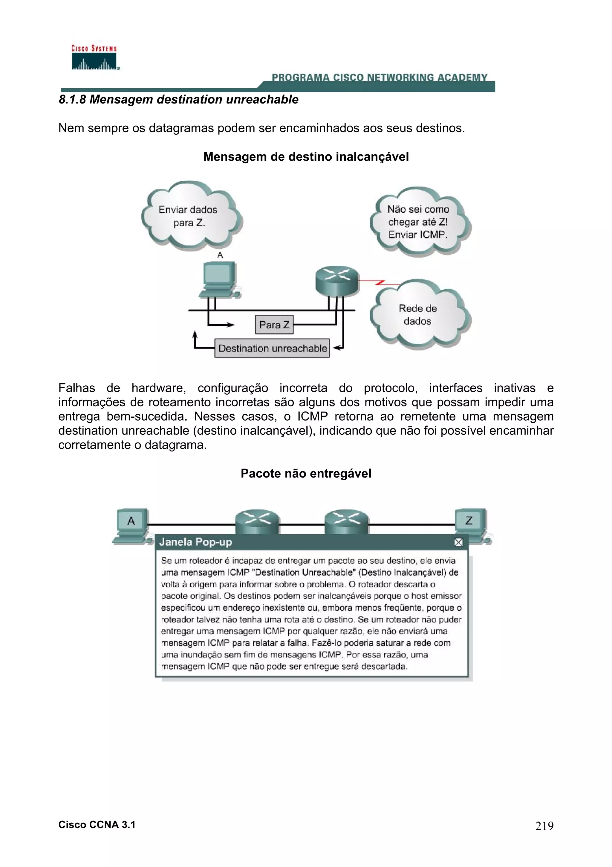 8.1.8 Mensagem destination unreachable
Nem sempre os datagramas podem ser encaminhados aos seus destinos.
Mensagem de destino inalcançável

Falhas de hardware, configuração incorreta do protocolo, interfaces inativas e
informações de roteamento incorretas são alguns dos motivos que possam impedir uma
entrega bem-sucedida. Nesses casos, o ICMP retorna ao remetente uma mensagem
destination unreachable (destino inalcançável), indicando que não foi possível encaminhar
corretamente o datagrama.
Pacote não entregável

Cisco CCNA 3.1

219

 