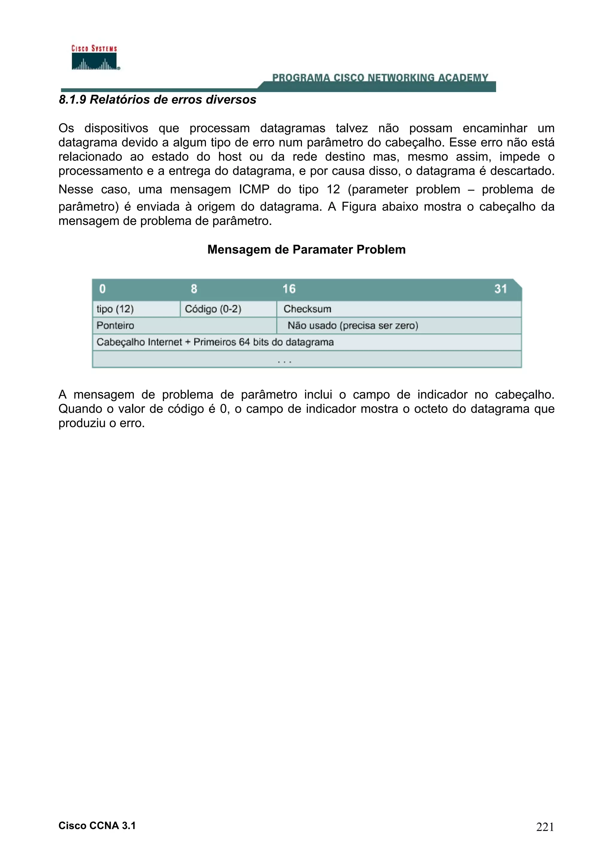 8.1.9 Relatórios de erros diversos
Os dispositivos que processam datagramas talvez não possam encaminhar um
datagrama devido a algum tipo de erro num parâmetro do cabeçalho. Esse erro não está
relacionado ao estado do host ou da rede destino mas, mesmo assim, impede o
processamento e a entrega do datagrama, e por causa disso, o datagrama é descartado.
Nesse caso, uma mensagem ICMP do tipo 12 (parameter problem – problema de
parâmetro) é enviada à origem do datagrama. A Figura abaixo mostra o cabeçalho da
mensagem de problema de parâmetro.
Mensagem de Paramater Problem

A mensagem de problema de parâmetro inclui o campo de indicador no cabeçalho.
Quando o valor de código é 0, o campo de indicador mostra o octeto do datagrama que
produziu o erro.

Cisco CCNA 3.1

221

 