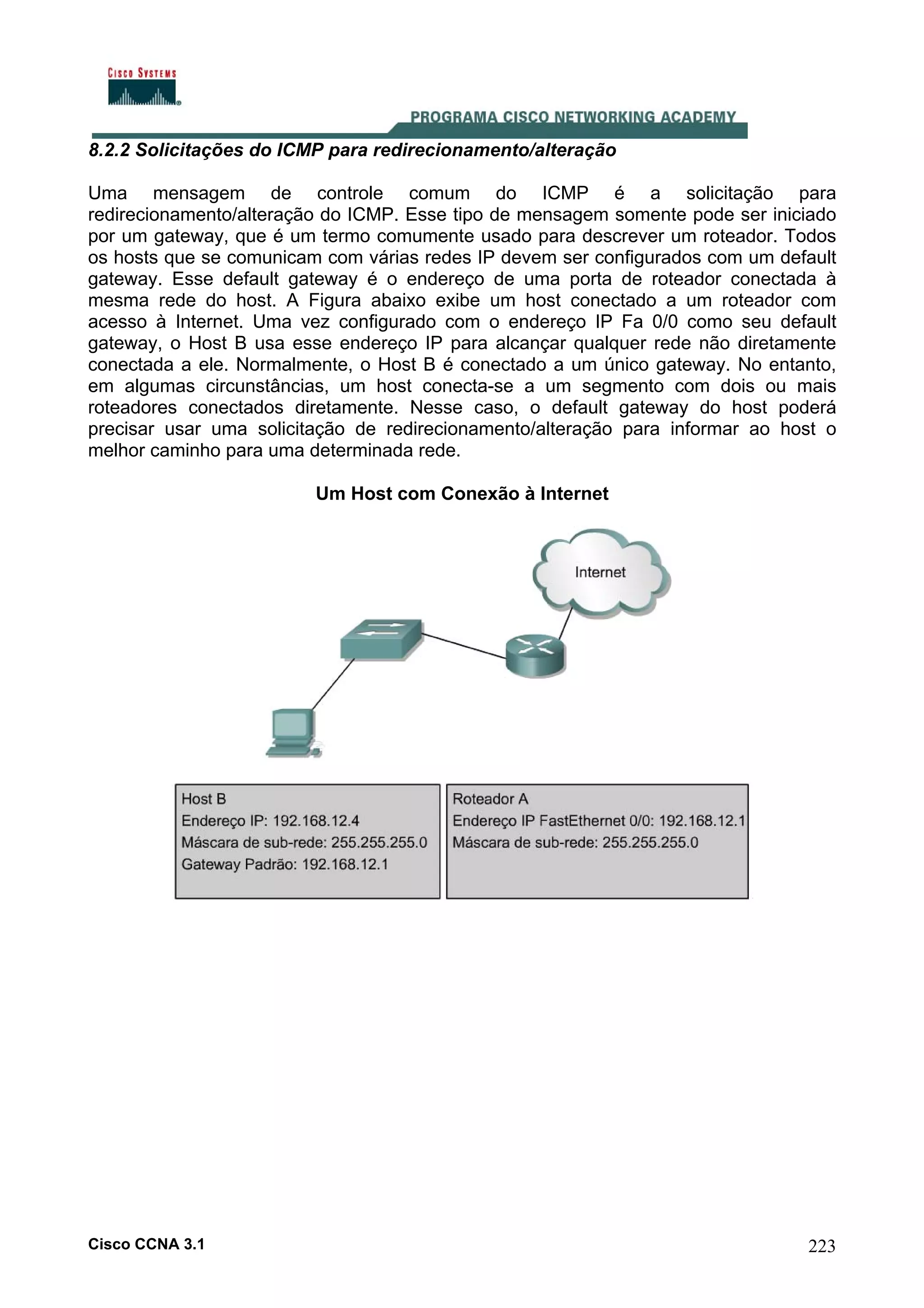 8.2.2 Solicitações do ICMP para redirecionamento/alteração
Uma mensagem de controle comum do ICMP é a solicitação para
redirecionamento/alteração do ICMP. Esse tipo de mensagem somente pode ser iniciado
por um gateway, que é um termo comumente usado para descrever um roteador. Todos
os hosts que se comunicam com várias redes IP devem ser configurados com um default
gateway. Esse default gateway é o endereço de uma porta de roteador conectada à
mesma rede do host. A Figura abaixo exibe um host conectado a um roteador com
acesso à Internet. Uma vez configurado com o endereço IP Fa 0/0 como seu default
gateway, o Host B usa esse endereço IP para alcançar qualquer rede não diretamente
conectada a ele. Normalmente, o Host B é conectado a um único gateway. No entanto,
em algumas circunstâncias, um host conecta-se a um segmento com dois ou mais
roteadores conectados diretamente. Nesse caso, o default gateway do host poderá
precisar usar uma solicitação de redirecionamento/alteração para informar ao host o
melhor caminho para uma determinada rede.
Um Host com Conexão à Internet

Cisco CCNA 3.1

223

 
