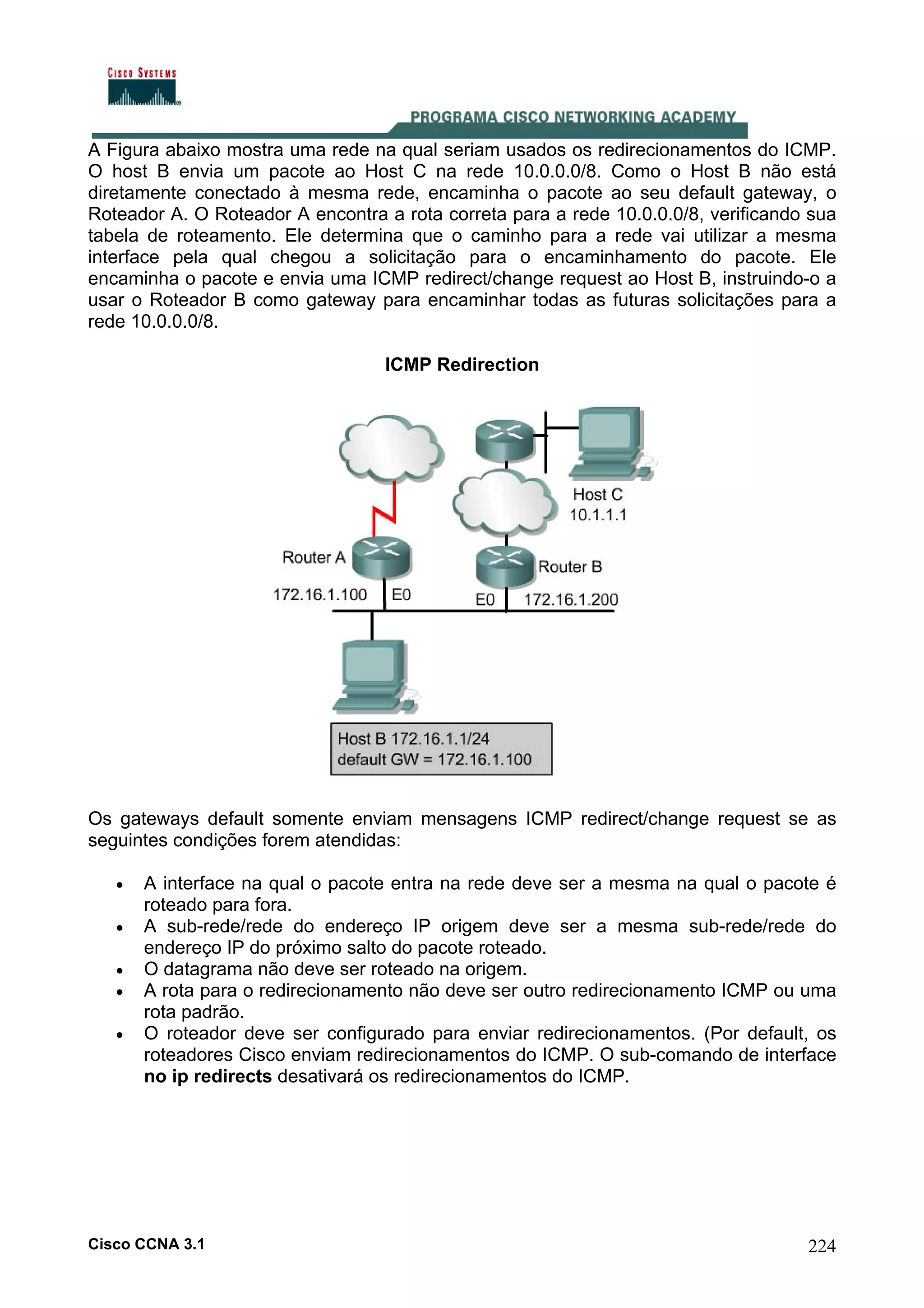 A Figura abaixo mostra uma rede na qual seriam usados os redirecionamentos do ICMP.
O host B envia um pacote ao Host C na rede 10.0.0.0/8. Como o Host B não está
diretamente conectado à mesma rede, encaminha o pacote ao seu default gateway, o
Roteador A. O Roteador A encontra a rota correta para a rede 10.0.0.0/8, verificando sua
tabela de roteamento. Ele determina que o caminho para a rede vai utilizar a mesma
interface pela qual chegou a solicitação para o encaminhamento do pacote. Ele
encaminha o pacote e envia uma ICMP redirect/change request ao Host B, instruindo-o a
usar o Roteador B como gateway para encaminhar todas as futuras solicitações para a
rede 10.0.0.0/8.
ICMP Redirection

Os gateways default somente enviam mensagens ICMP redirect/change request se as
seguintes condições forem atendidas:
•
•
•
•
•

A interface na qual o pacote entra na rede deve ser a mesma na qual o pacote é
roteado para fora.
A sub-rede/rede do endereço IP origem deve ser a mesma sub-rede/rede do
endereço IP do próximo salto do pacote roteado.
O datagrama não deve ser roteado na origem.
A rota para o redirecionamento não deve ser outro redirecionamento ICMP ou uma
rota padrão.
O roteador deve ser configurado para enviar redirecionamentos. (Por default, os
roteadores Cisco enviam redirecionamentos do ICMP. O sub-comando de interface
no ip redirects desativará os redirecionamentos do ICMP.

Cisco CCNA 3.1

224

 