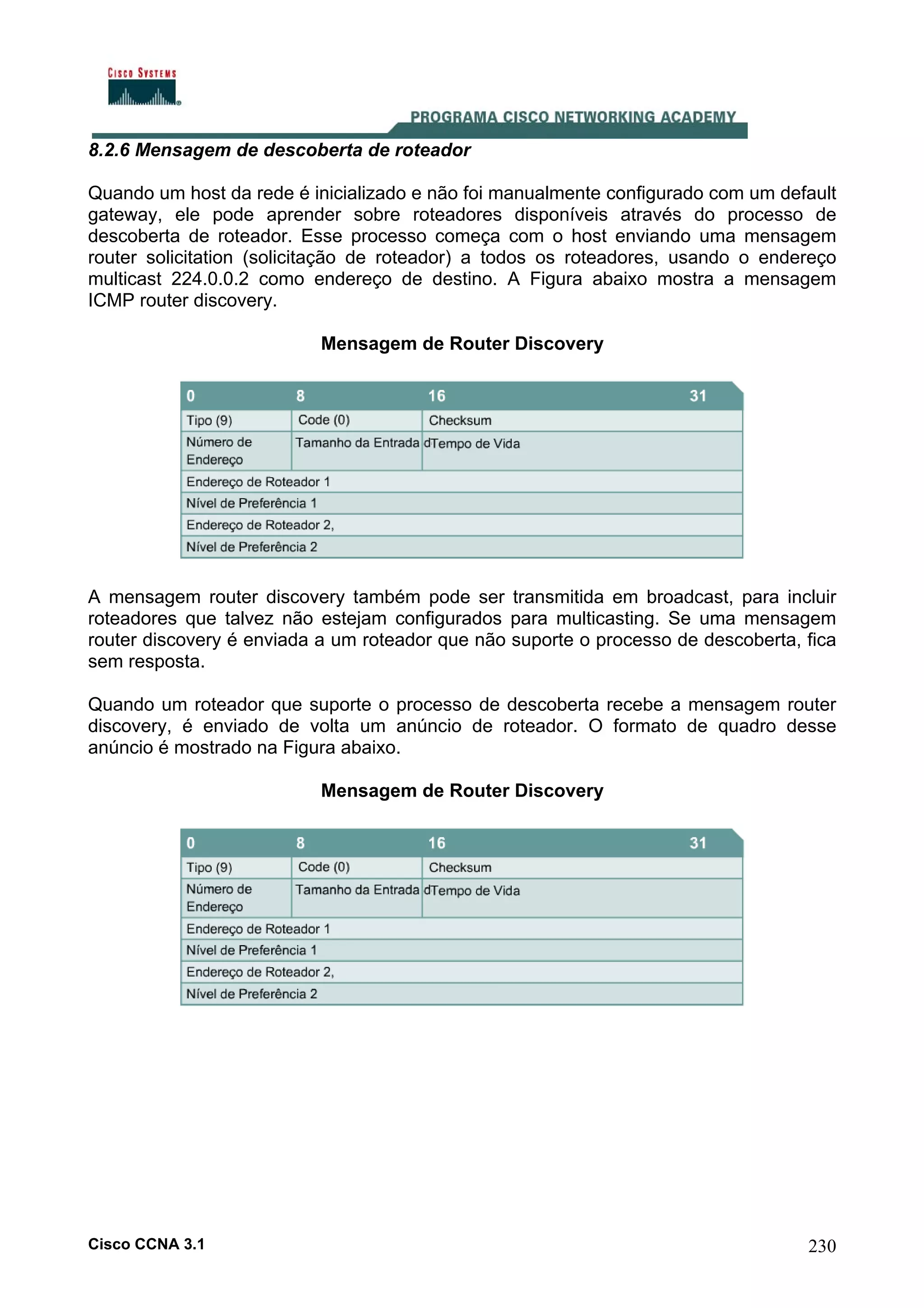 8.2.6 Mensagem de descoberta de roteador
Quando um host da rede é inicializado e não foi manualmente configurado com um default
gateway, ele pode aprender sobre roteadores disponíveis através do processo de
descoberta de roteador. Esse processo começa com o host enviando uma mensagem
router solicitation (solicitação de roteador) a todos os roteadores, usando o endereço
multicast 224.0.0.2 como endereço de destino. A Figura abaixo mostra a mensagem
ICMP router discovery.
Mensagem de Router Discovery

A mensagem router discovery também pode ser transmitida em broadcast, para incluir
roteadores que talvez não estejam configurados para multicasting. Se uma mensagem
router discovery é enviada a um roteador que não suporte o processo de descoberta, fica
sem resposta.
Quando um roteador que suporte o processo de descoberta recebe a mensagem router
discovery, é enviado de volta um anúncio de roteador. O formato de quadro desse
anúncio é mostrado na Figura abaixo.
Mensagem de Router Discovery

Cisco CCNA 3.1

230

 
