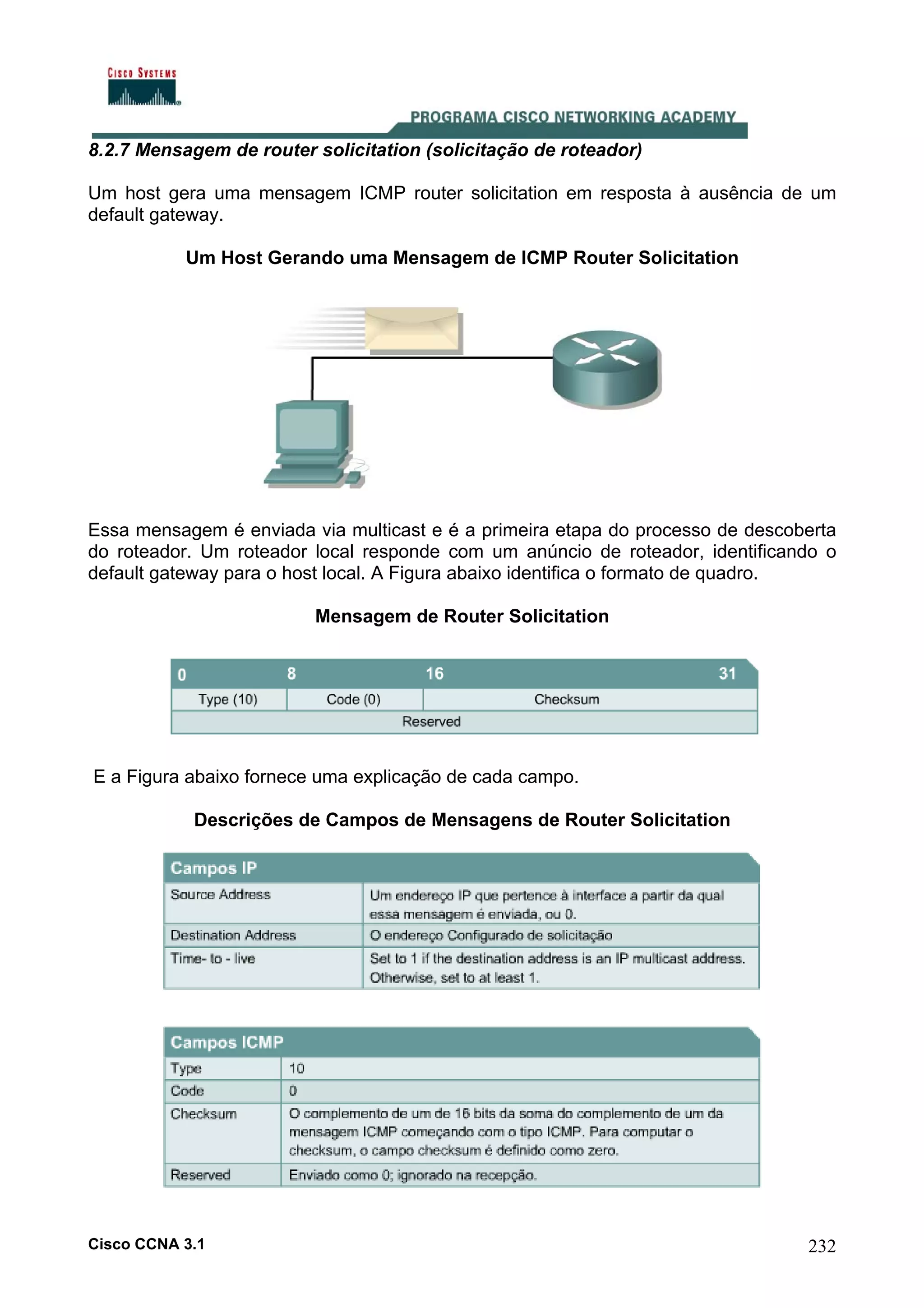 8.2.7 Mensagem de router solicitation (solicitação de roteador)
Um host gera uma mensagem ICMP router solicitation em resposta à ausência de um
default gateway.
Um Host Gerando uma Mensagem de ICMP Router Solicitation

Essa mensagem é enviada via multicast e é a primeira etapa do processo de descoberta
do roteador. Um roteador local responde com um anúncio de roteador, identificando o
default gateway para o host local. A Figura abaixo identifica o formato de quadro.
Mensagem de Router Solicitation

E a Figura abaixo fornece uma explicação de cada campo.
Descrições de Campos de Mensagens de Router Solicitation

Cisco CCNA 3.1

232

 