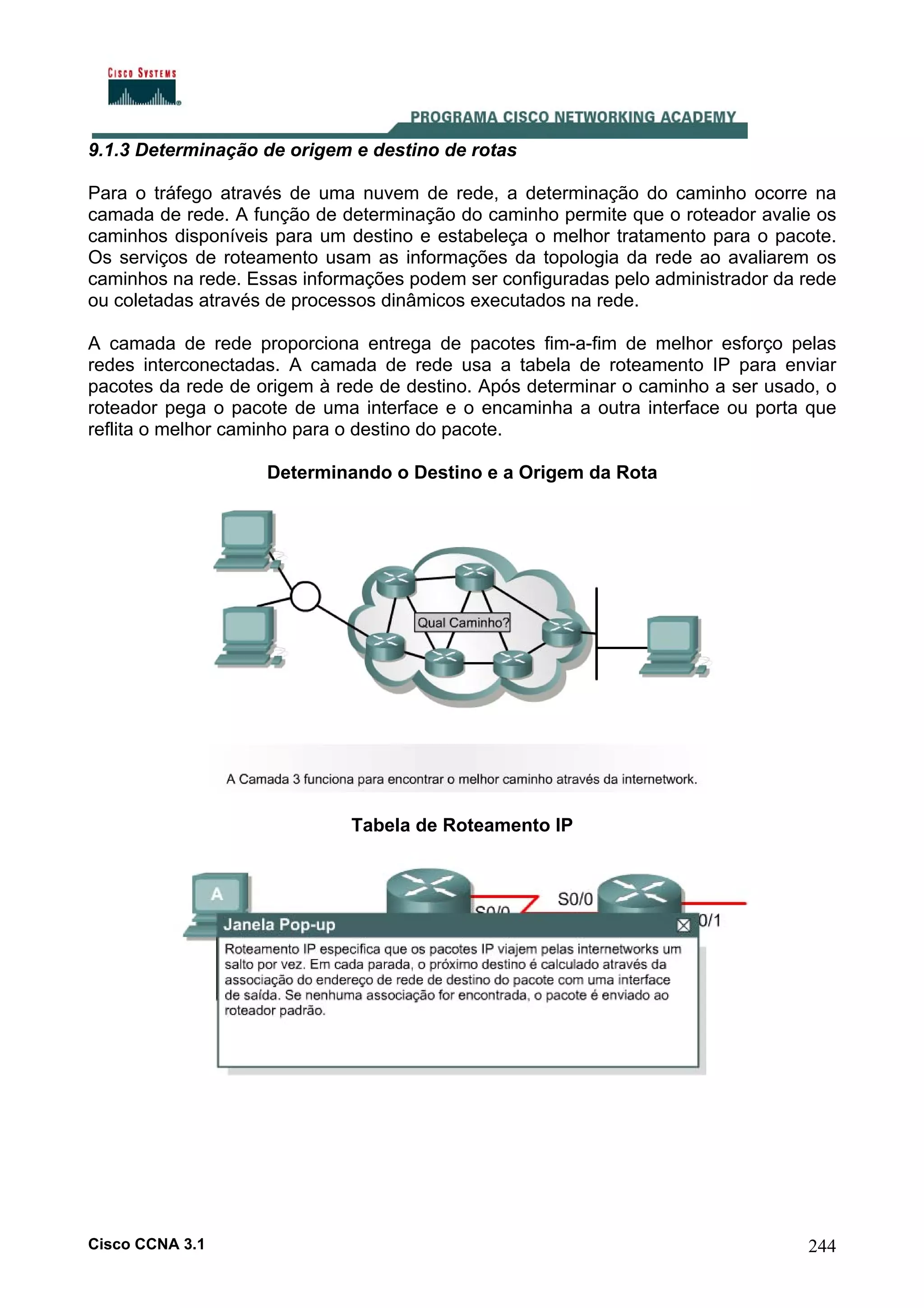 9.1.3 Determinação de origem e destino de rotas
Para o tráfego através de uma nuvem de rede, a determinação do caminho ocorre na
camada de rede. A função de determinação do caminho permite que o roteador avalie os
caminhos disponíveis para um destino e estabeleça o melhor tratamento para o pacote.
Os serviços de roteamento usam as informações da topologia da rede ao avaliarem os
caminhos na rede. Essas informações podem ser configuradas pelo administrador da rede
ou coletadas através de processos dinâmicos executados na rede.
A camada de rede proporciona entrega de pacotes fim-a-fim de melhor esforço pelas
redes interconectadas. A camada de rede usa a tabela de roteamento IP para enviar
pacotes da rede de origem à rede de destino. Após determinar o caminho a ser usado, o
roteador pega o pacote de uma interface e o encaminha a outra interface ou porta que
reflita o melhor caminho para o destino do pacote.
Determinando o Destino e a Origem da Rota

Tabela de Roteamento IP

Cisco CCNA 3.1

244

 