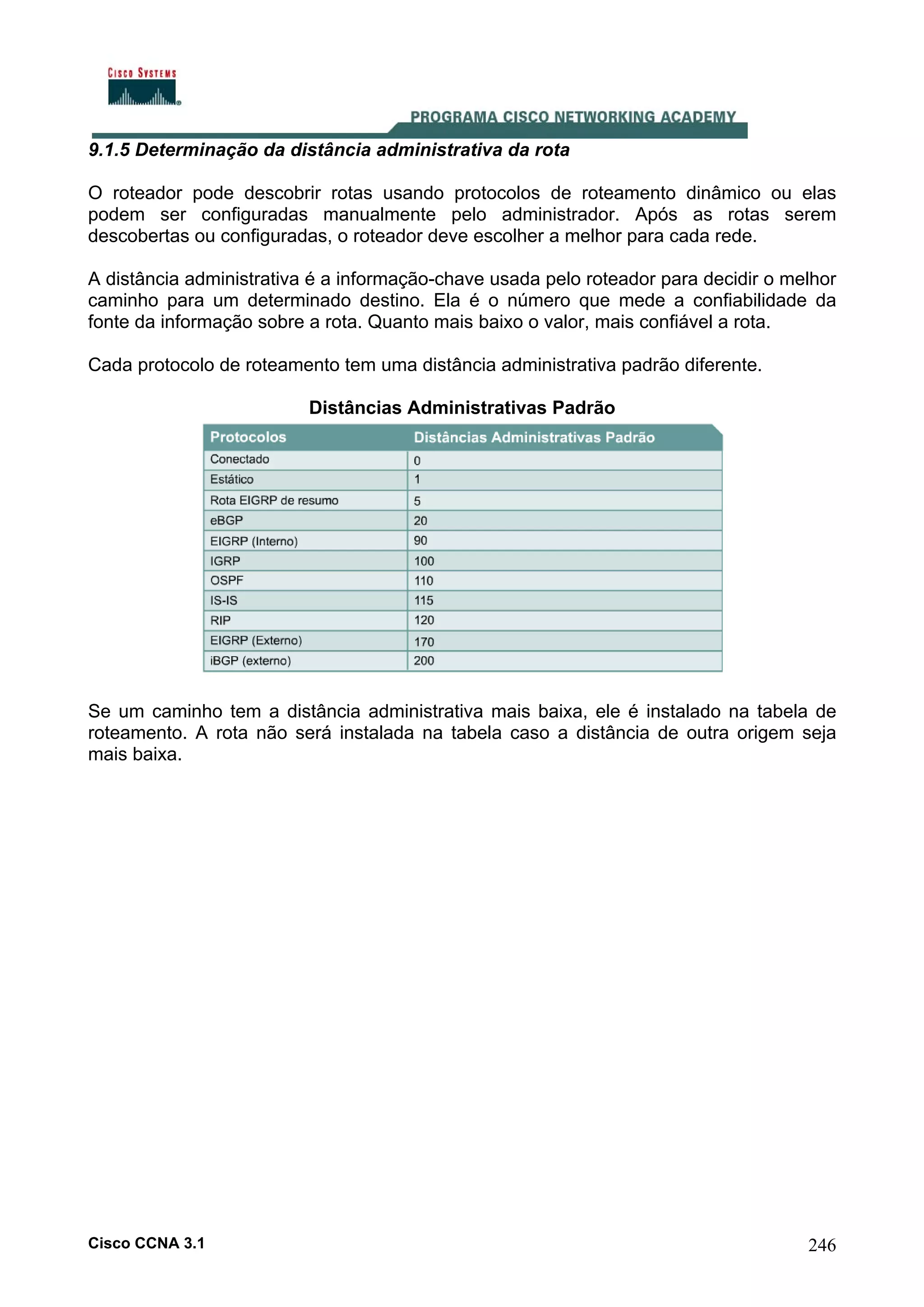 9.1.5 Determinação da distância administrativa da rota
O roteador pode descobrir rotas usando protocolos de roteamento dinâmico ou elas
podem ser configuradas manualmente pelo administrador. Após as rotas serem
descobertas ou configuradas, o roteador deve escolher a melhor para cada rede.
A distância administrativa é a informação-chave usada pelo roteador para decidir o melhor
caminho para um determinado destino. Ela é o número que mede a confiabilidade da
fonte da informação sobre a rota. Quanto mais baixo o valor, mais confiável a rota.
Cada protocolo de roteamento tem uma distância administrativa padrão diferente.
Distâncias Administrativas Padrão

Se um caminho tem a distância administrativa mais baixa, ele é instalado na tabela de
roteamento. A rota não será instalada na tabela caso a distância de outra origem seja
mais baixa.

Cisco CCNA 3.1

246

 