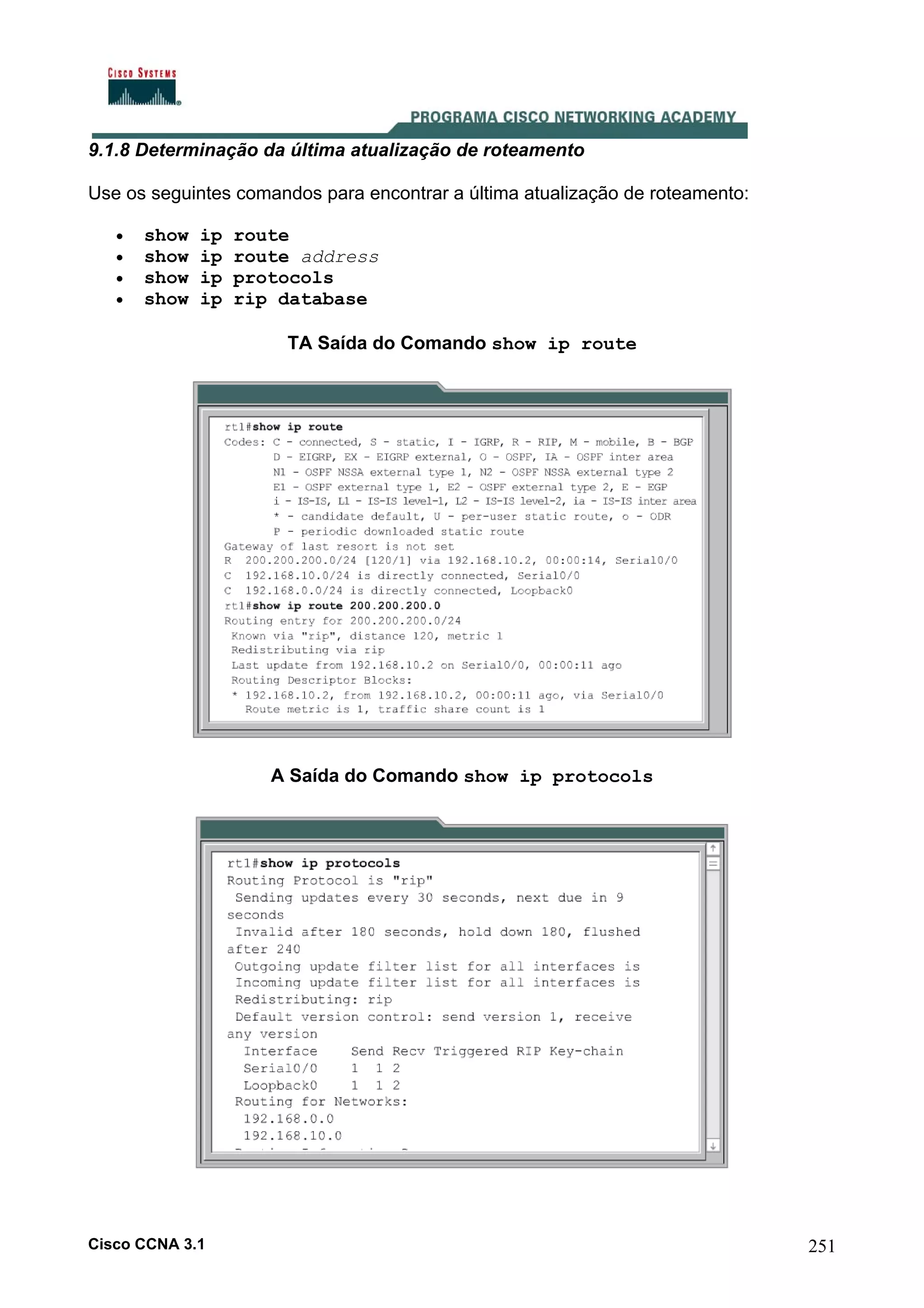 9.1.8 Determinação da última atualização de roteamento
Use os seguintes comandos para encontrar a última atualização de roteamento:
•
•
•
•

show
show
show
show

ip
ip
ip
ip

route
route address
protocols
rip database
TA Saída do Comando show ip route

A Saída do Comando show ip protocols

Cisco CCNA 3.1

251

 