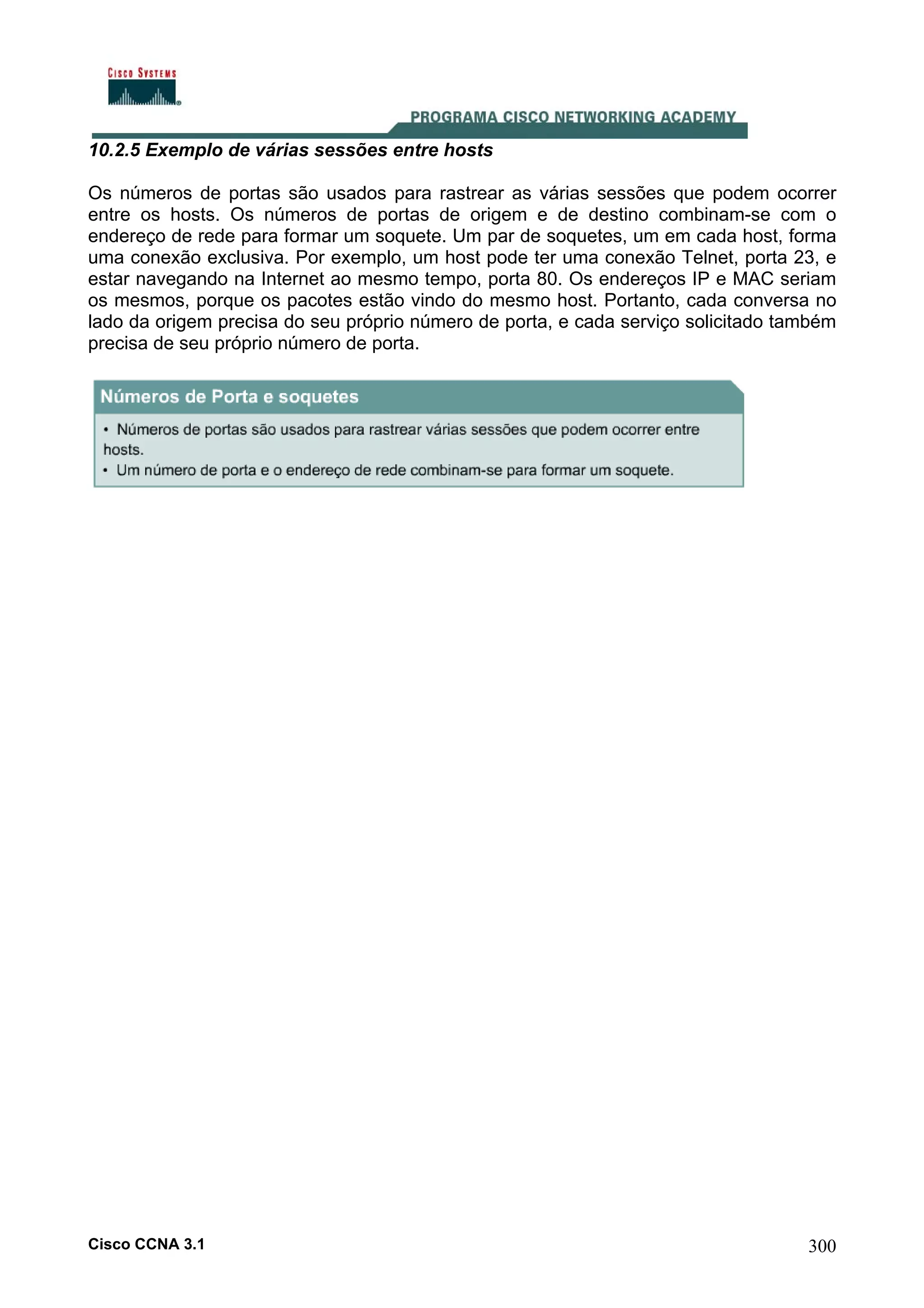 10.2.5 Exemplo de várias sessões entre hosts
Os números de portas são usados para rastrear as várias sessões que podem ocorrer
entre os hosts. Os números de portas de origem e de destino combinam-se com o
endereço de rede para formar um soquete. Um par de soquetes, um em cada host, forma
uma conexão exclusiva. Por exemplo, um host pode ter uma conexão Telnet, porta 23, e
estar navegando na Internet ao mesmo tempo, porta 80. Os endereços IP e MAC seriam
os mesmos, porque os pacotes estão vindo do mesmo host. Portanto, cada conversa no
lado da origem precisa do seu próprio número de porta, e cada serviço solicitado também
precisa de seu próprio número de porta.

Cisco CCNA 3.1

300

 