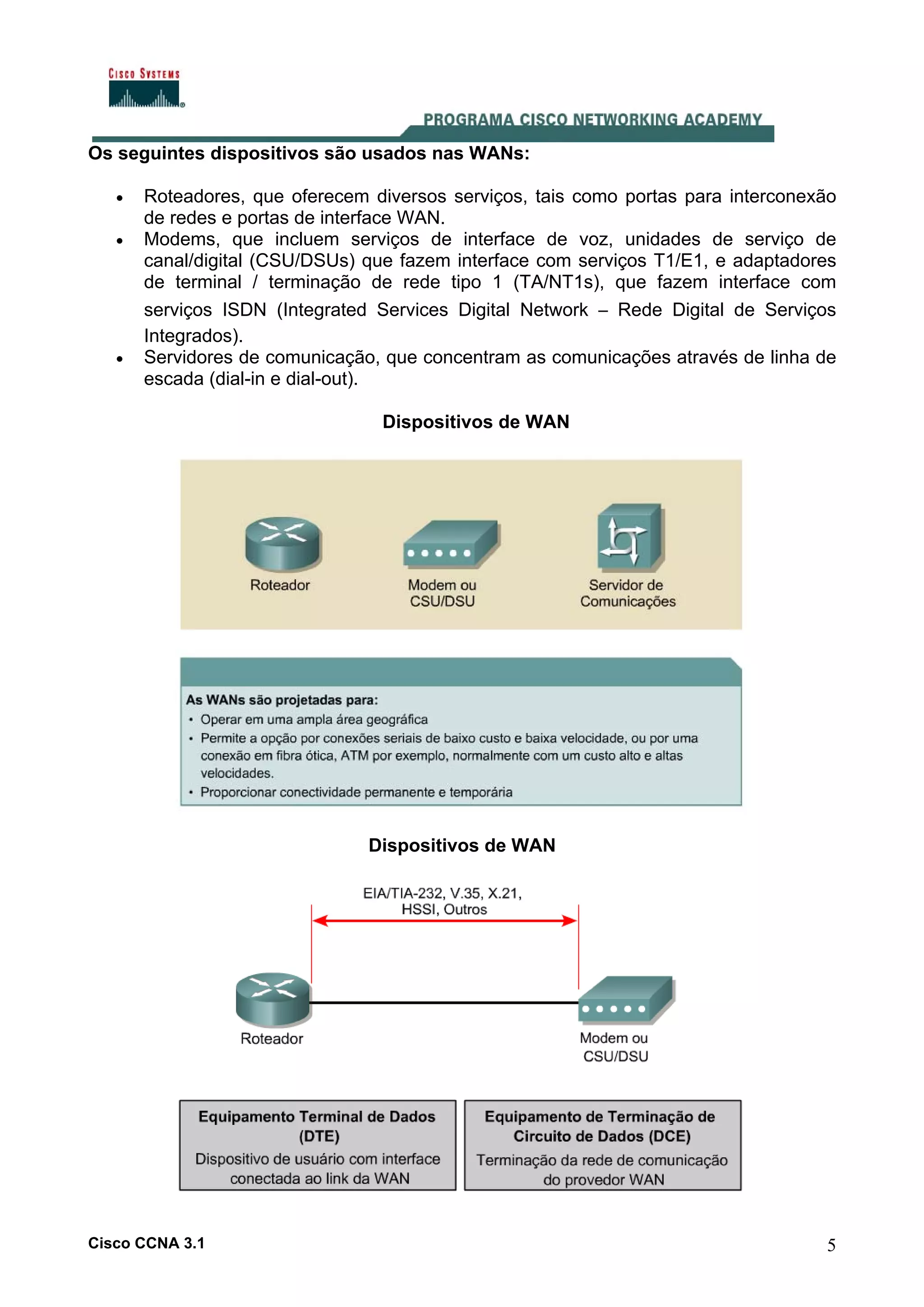 Os seguintes dispositivos são usados nas WANs:
•
•

•

Roteadores, que oferecem diversos serviços, tais como portas para interconexão
de redes e portas de interface WAN.
Modems, que incluem serviços de interface de voz, unidades de serviço de
canal/digital (CSU/DSUs) que fazem interface com serviços T1/E1, e adaptadores
de terminal / terminação de rede tipo 1 (TA/NT1s), que fazem interface com
serviços ISDN (Integrated Services Digital Network – Rede Digital de Serviços
Integrados).
Servidores de comunicação, que concentram as comunicações através de linha de
escada (dial-in e dial-out).
Dispositivos de WAN

Dispositivos de WAN

Cisco CCNA 3.1

5

 