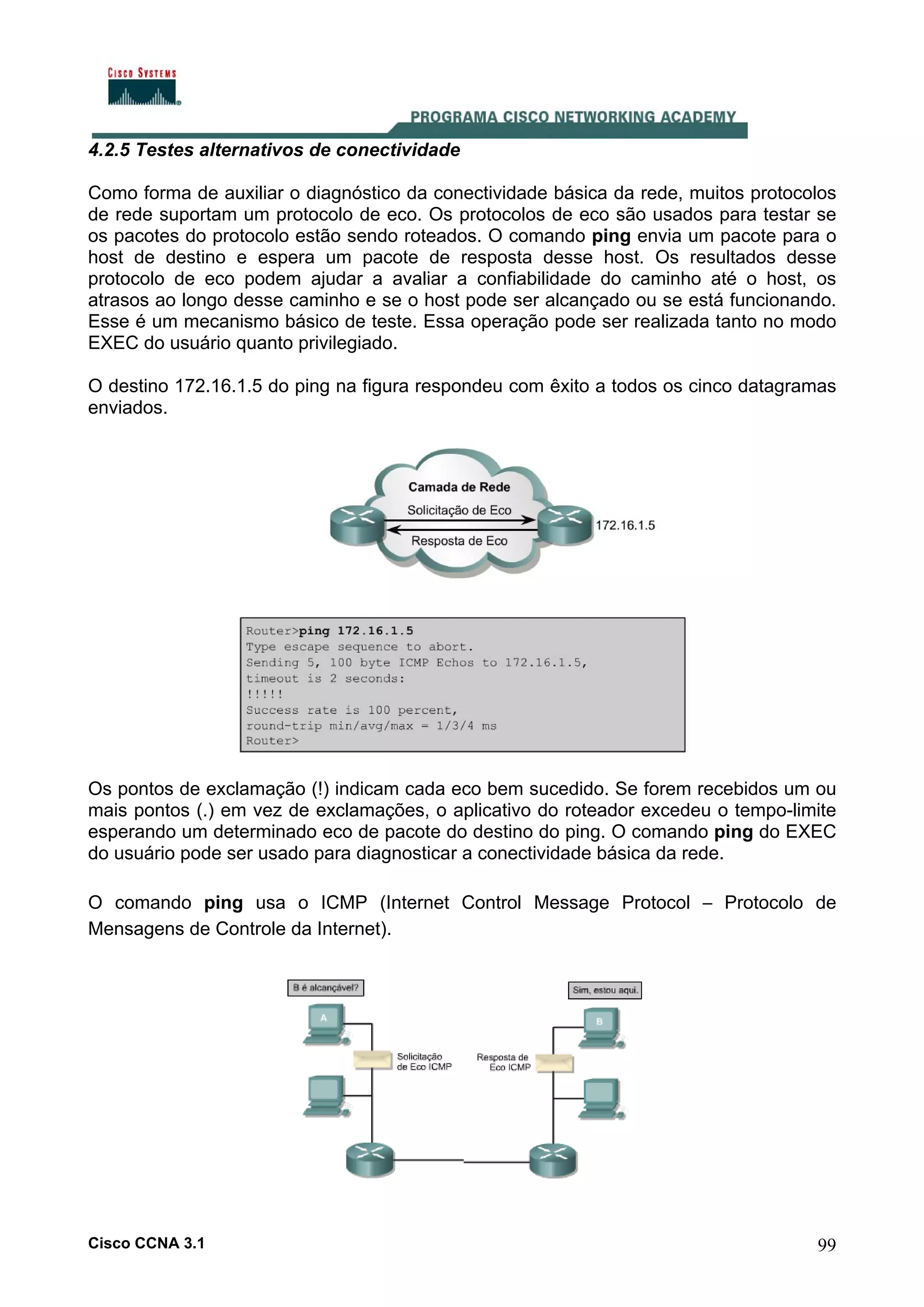 4.2.5 Testes alternativos de conectividade
Como forma de auxiliar o diagnóstico da conectividade básica da rede, muitos protocolos
de rede suportam um protocolo de eco. Os protocolos de eco são usados para testar se
os pacotes do protocolo estão sendo roteados. O comando ping envia um pacote para o
host de destino e espera um pacote de resposta desse host. Os resultados desse
protocolo de eco podem ajudar a avaliar a confiabilidade do caminho até o host, os
atrasos ao longo desse caminho e se o host pode ser alcançado ou se está funcionando.
Esse é um mecanismo básico de teste. Essa operação pode ser realizada tanto no modo
EXEC do usuário quanto privilegiado.
O destino 172.16.1.5 do ping na figura respondeu com êxito a todos os cinco datagramas
enviados.

Os pontos de exclamação (!) indicam cada eco bem sucedido. Se forem recebidos um ou
mais pontos (.) em vez de exclamações, o aplicativo do roteador excedeu o tempo-limite
esperando um determinado eco de pacote do destino do ping. O comando ping do EXEC
do usuário pode ser usado para diagnosticar a conectividade básica da rede.
O comando ping usa o ICMP (Internet Control Message Protocol – Protocolo de
Mensagens de Controle da Internet).

Cisco CCNA 3.1

99

 