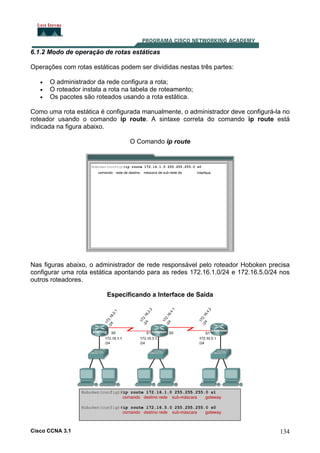 6.1.2 Modo de operação de rotas estáticas
Operações com rotas estáticas podem ser divididas nestas três partes:
•
•
•

O administrador da rede configura a rota;
O roteador instala a rota na tabela de roteamento;
Os pacotes são roteados usando a rota estática.

Como uma rota estática é configurada manualmente, o administrador deve configurá-la no
roteador usando o comando ip route. A sintaxe correta do comando ip route está
indicada na figura abaixo.
O Comando ip route

Nas figuras abaixo, o administrador de rede responsável pelo roteador Hoboken precisa
configurar uma rota estática apontando para as redes 172.16.1.0/24 e 172.16.5.0/24 nos
outros roteadores.
Especificando a Interface de Saída

Cisco CCNA 3.1

134

 