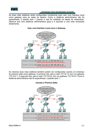 As duas rotas estáticas serão configuradas inicialmente para usar uma interface local
como gateway para as redes de destino. Como a distância administrativa não foi
especificada, o padrão será 1 quando a rota for instalada na tabela de roteamento.
Observe que uma distância administrativa igual a 0 equivale a uma rede conectada
diretamente.
Usar uma Interface Local como o Gateway

As mesmas duas rotas estáticas também podem ser configuradas usando um endereço
do próximo salto como gateway. A primeira rota, para a rede 172.16.1.0, tem um gateway
172.16.2.1. A segunda rota, para a rede 172.16.5.0, tem um gateway 172.16.4.2. Como a
distância administrativa não foi especificada, o padrão será 1.
Usando o Próximo Salto

Cisco CCNA 3.1

137

 